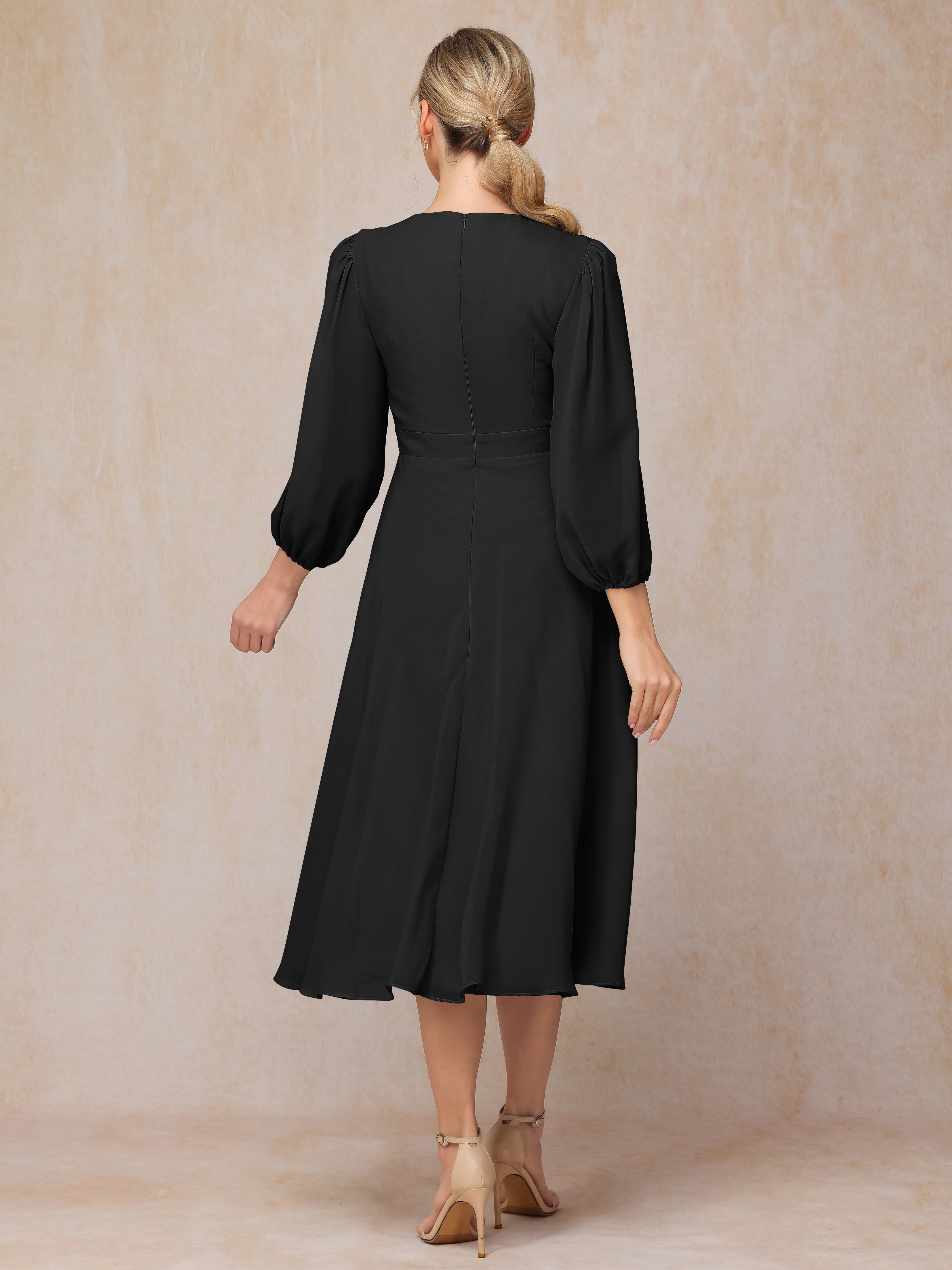 Long Sleeves A Line Tea Length Chiffon Mother Of The  Groom Dress