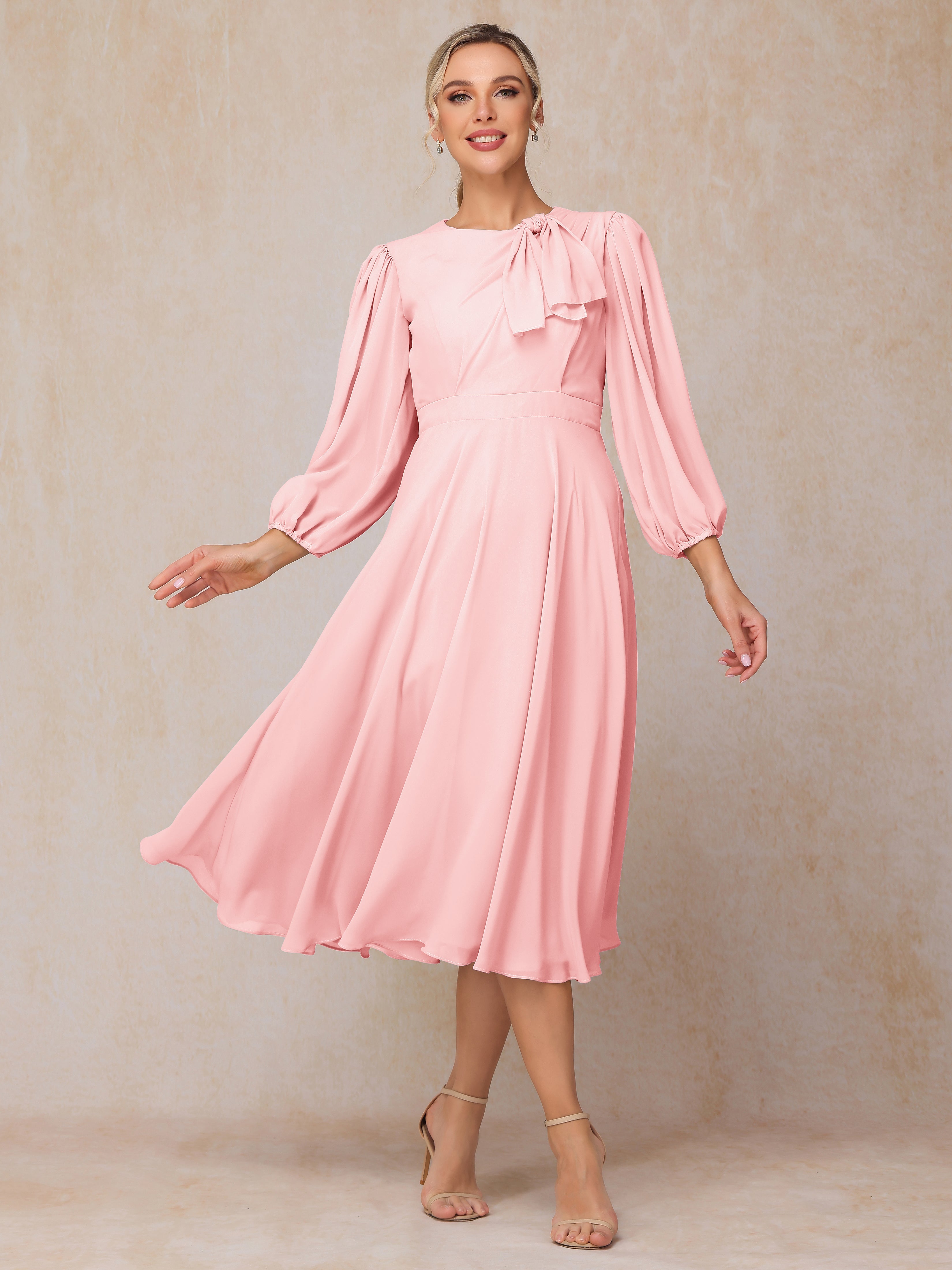 Long Sleeves A Line Tea Length Chiffon Mother Of The  Groom Dress