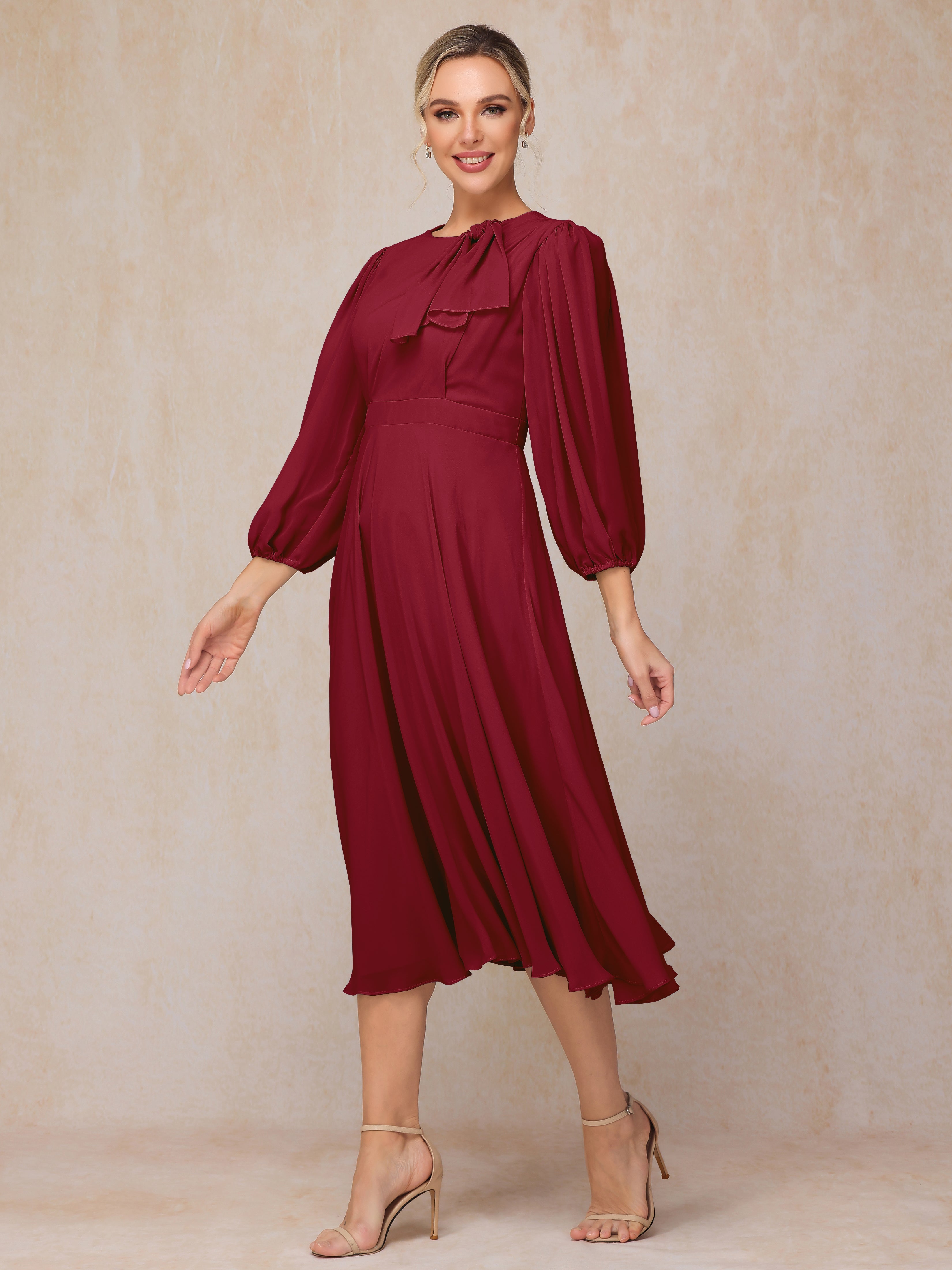 Long Sleeves A Line Tea Length Chiffon Mother Of The  Groom Dress