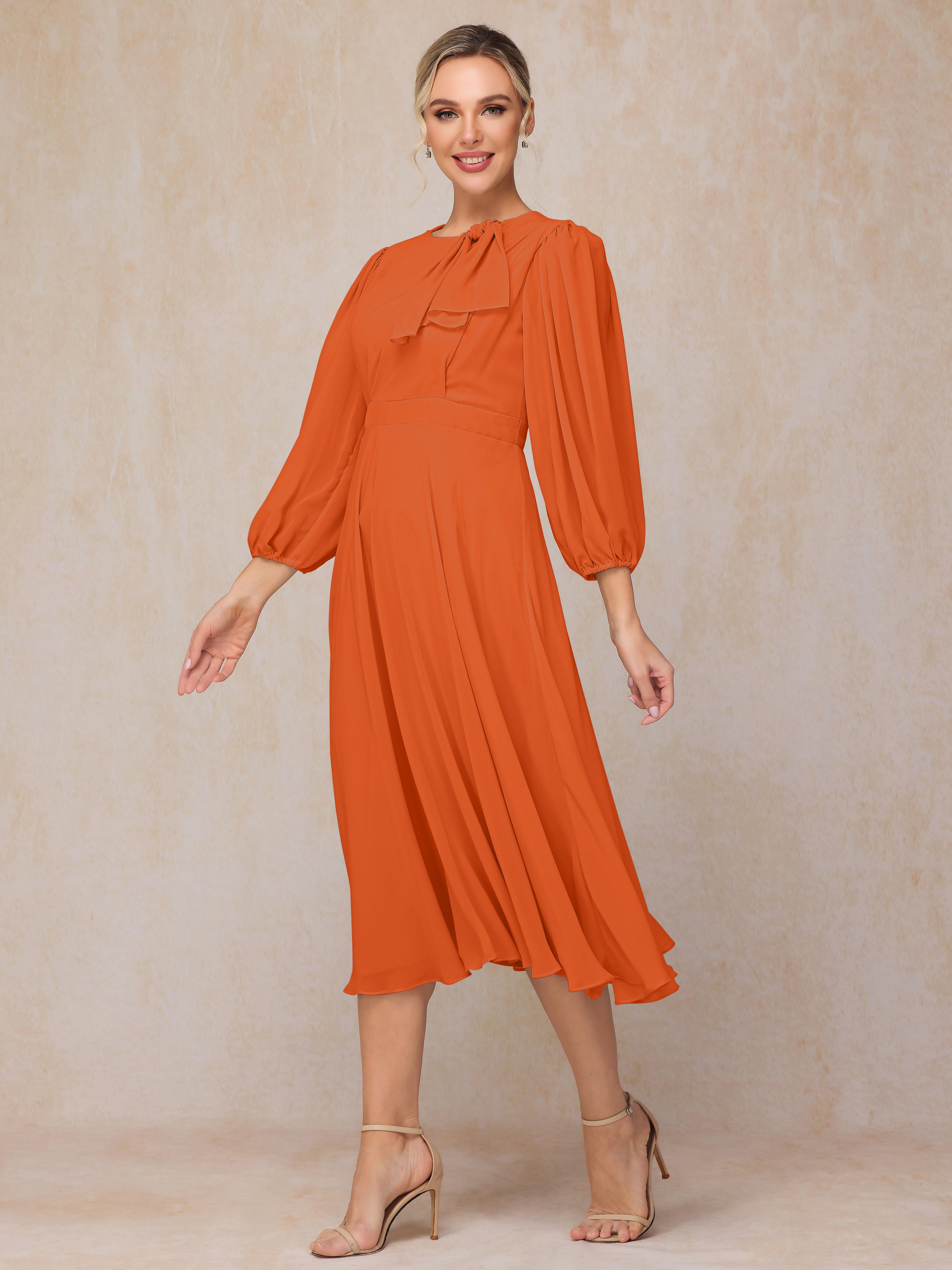 Long Sleeves A Line Tea Length Chiffon Mother Of The  Groom Dress