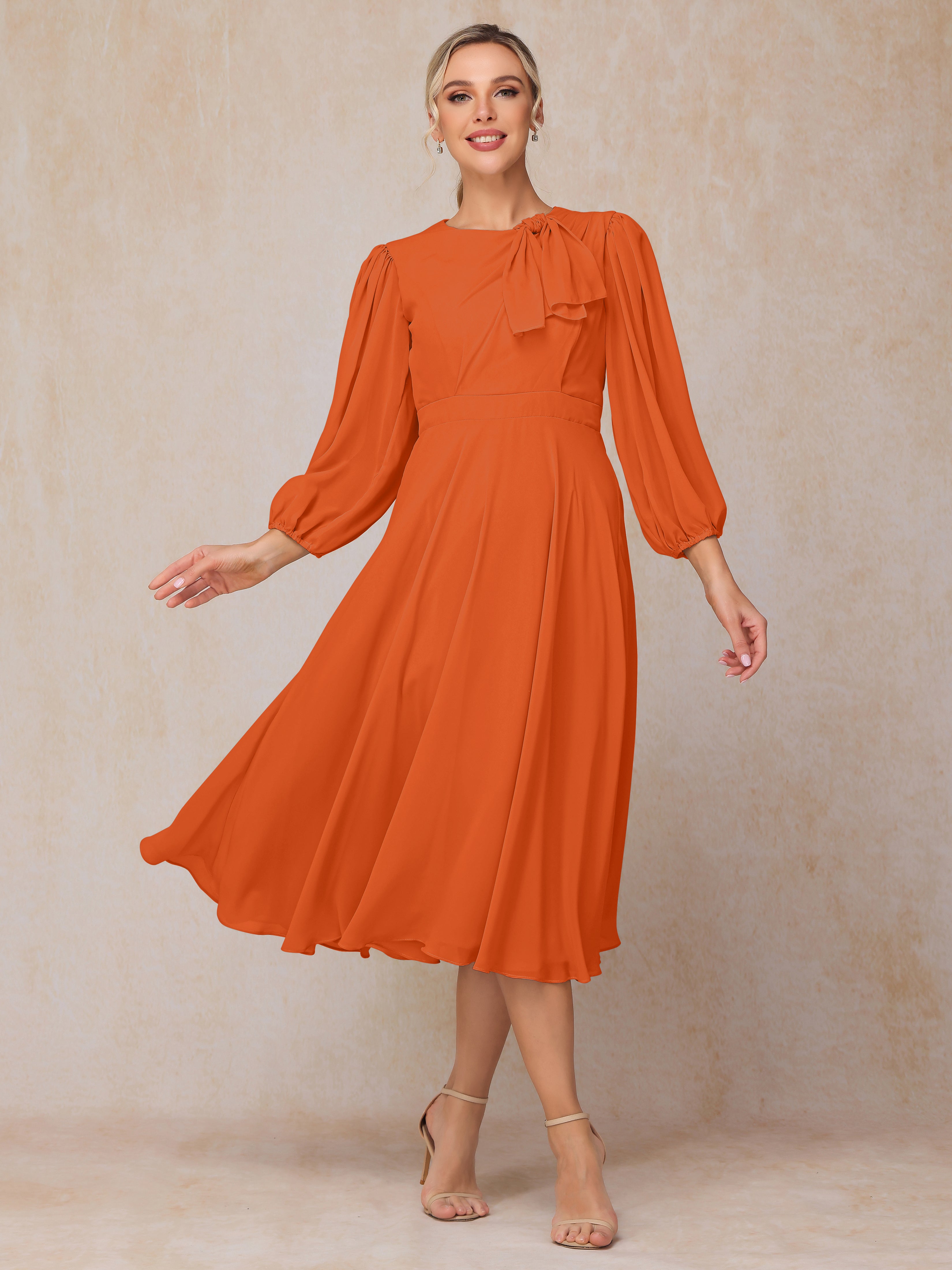 Long Sleeves A Line Tea Length Chiffon Mother Of The  Groom Dress