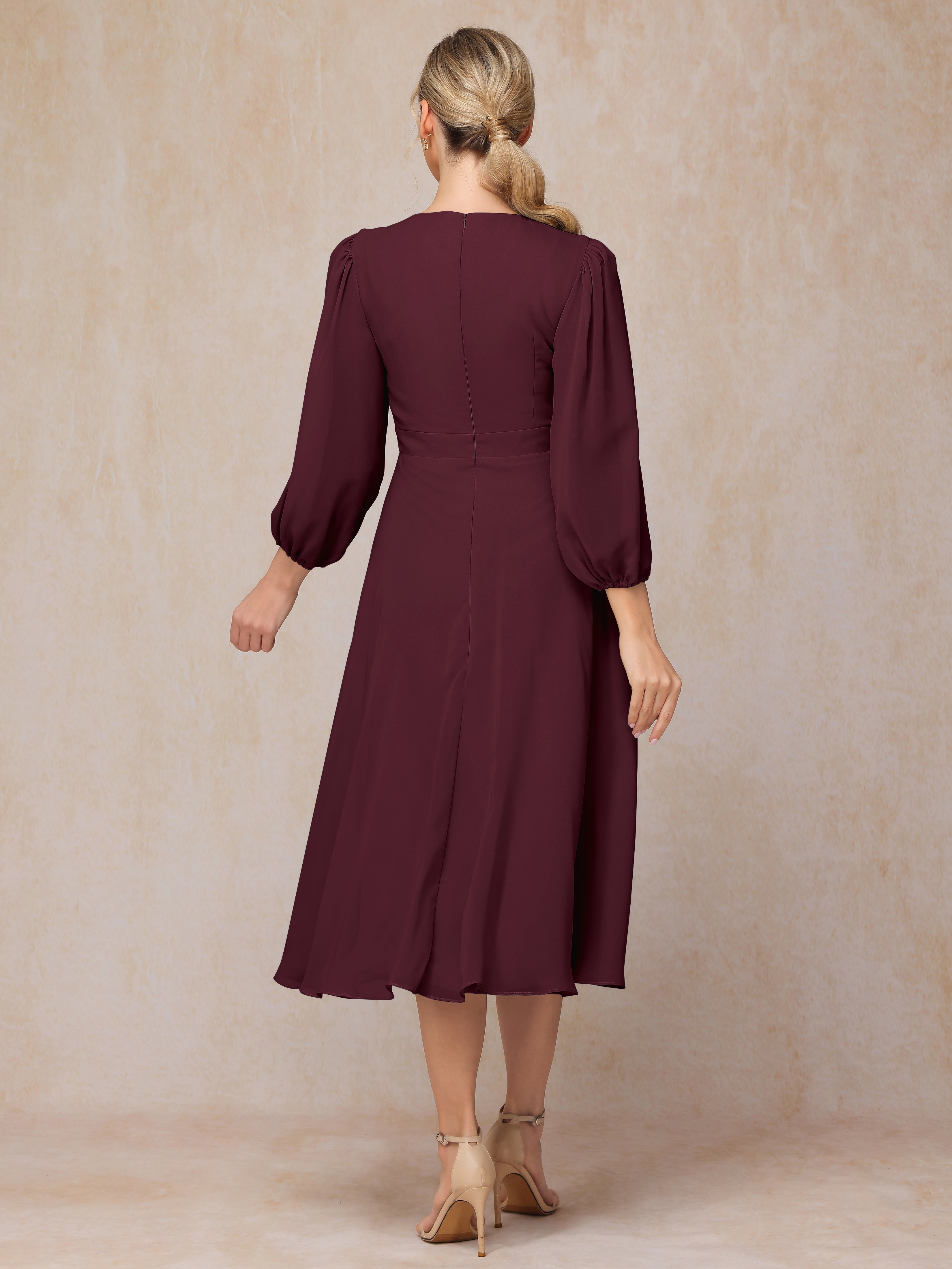 Long Sleeves A Line Tea Length Chiffon Mother Of The  Groom Dress