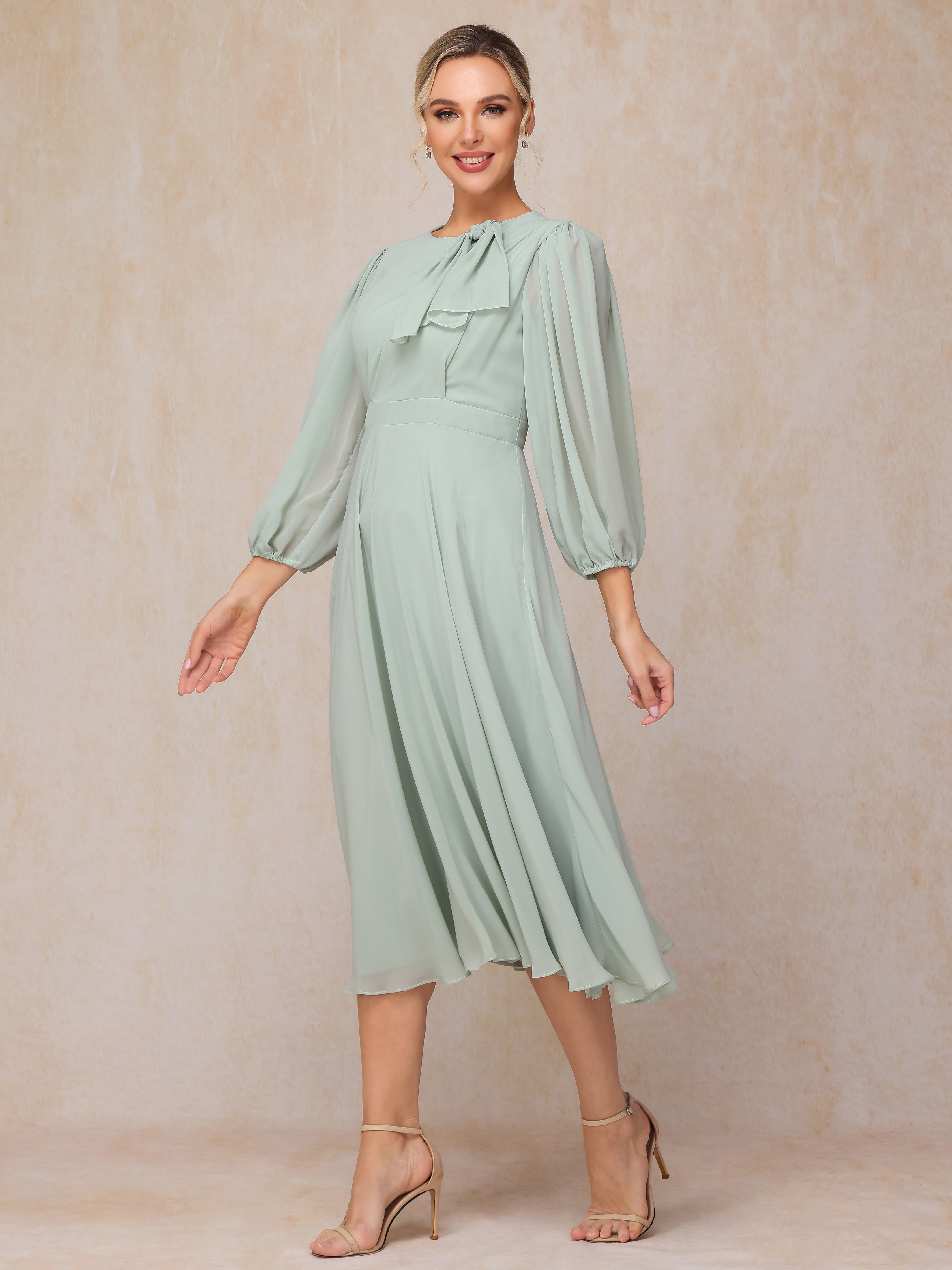 Long Sleeves A Line Tea Length Chiffon Wedding Guest Dresses