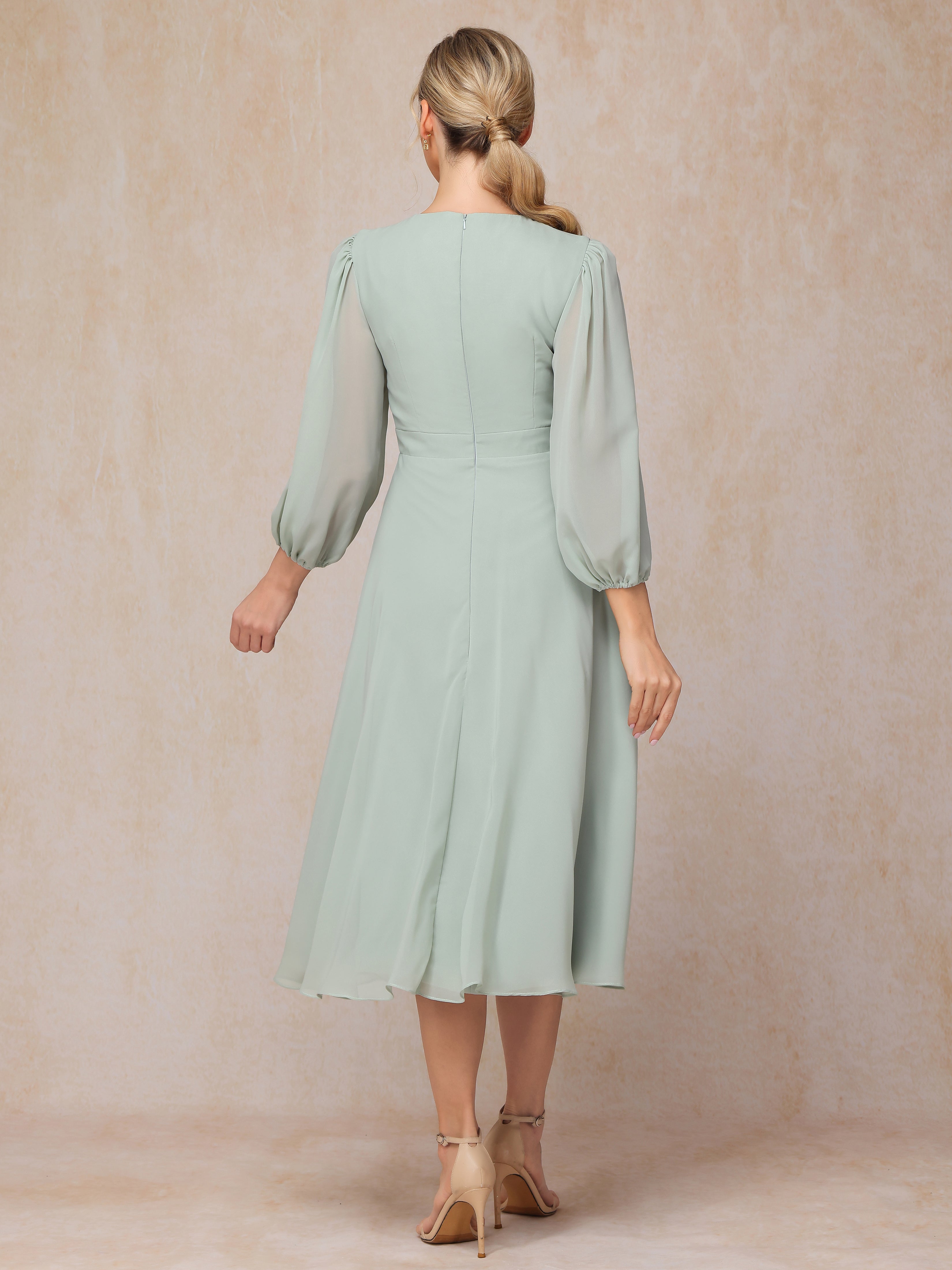 Long Sleeves A Line Tea Length Chiffon Mother Of The  Groom Dress