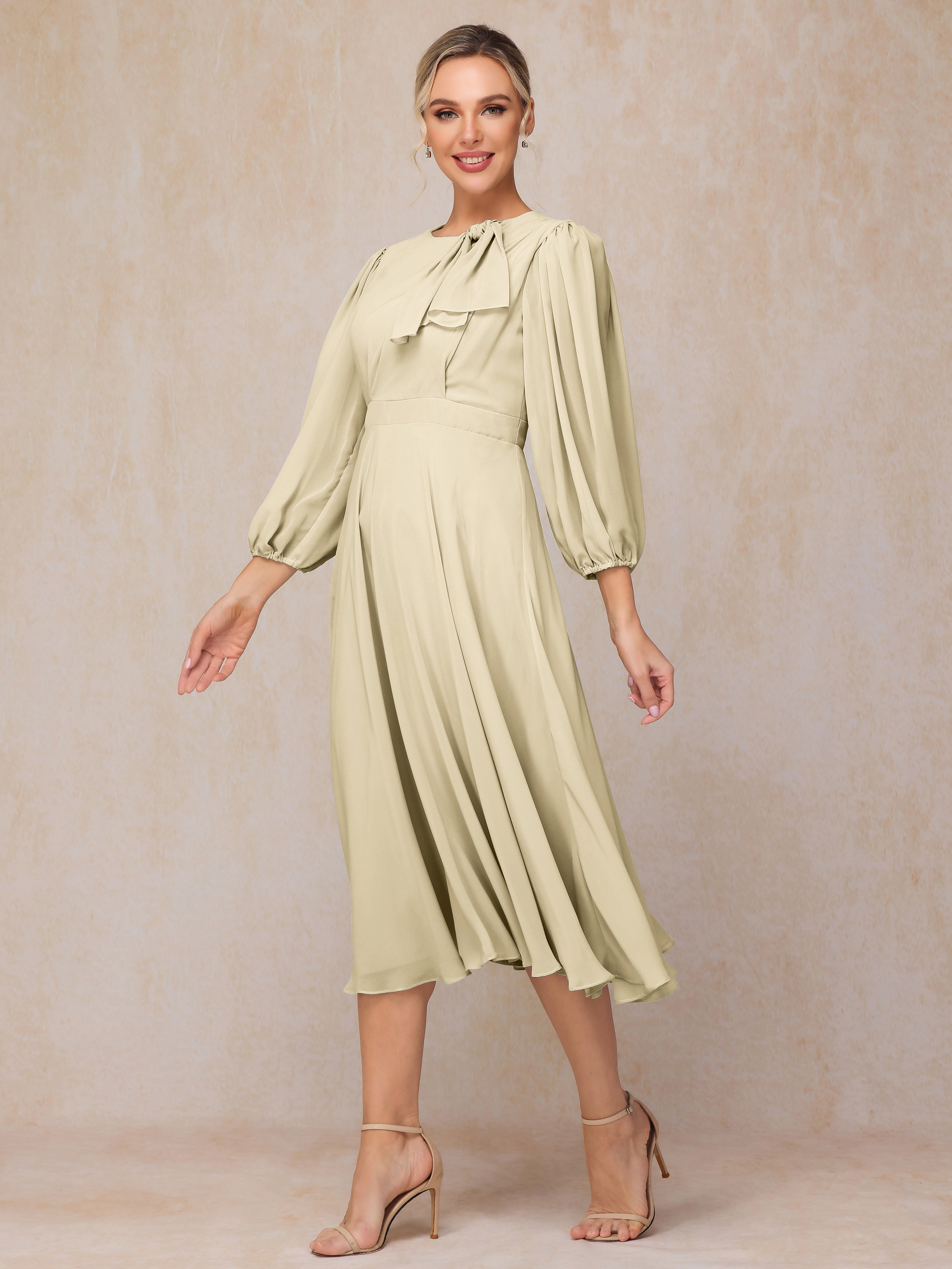 Long Sleeves A Line Tea Length Chiffon Mother Of The  Groom Dress