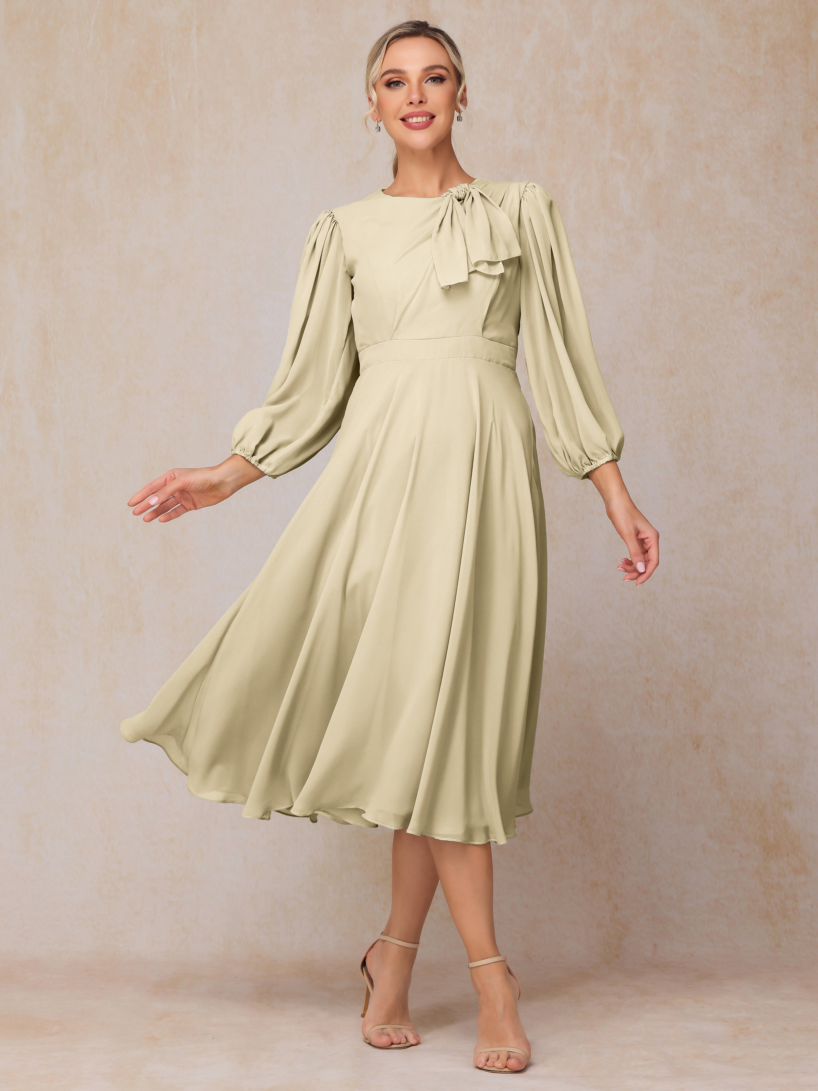 Long Sleeves A Line Tea Length Chiffon Mother Of The  Groom Dress