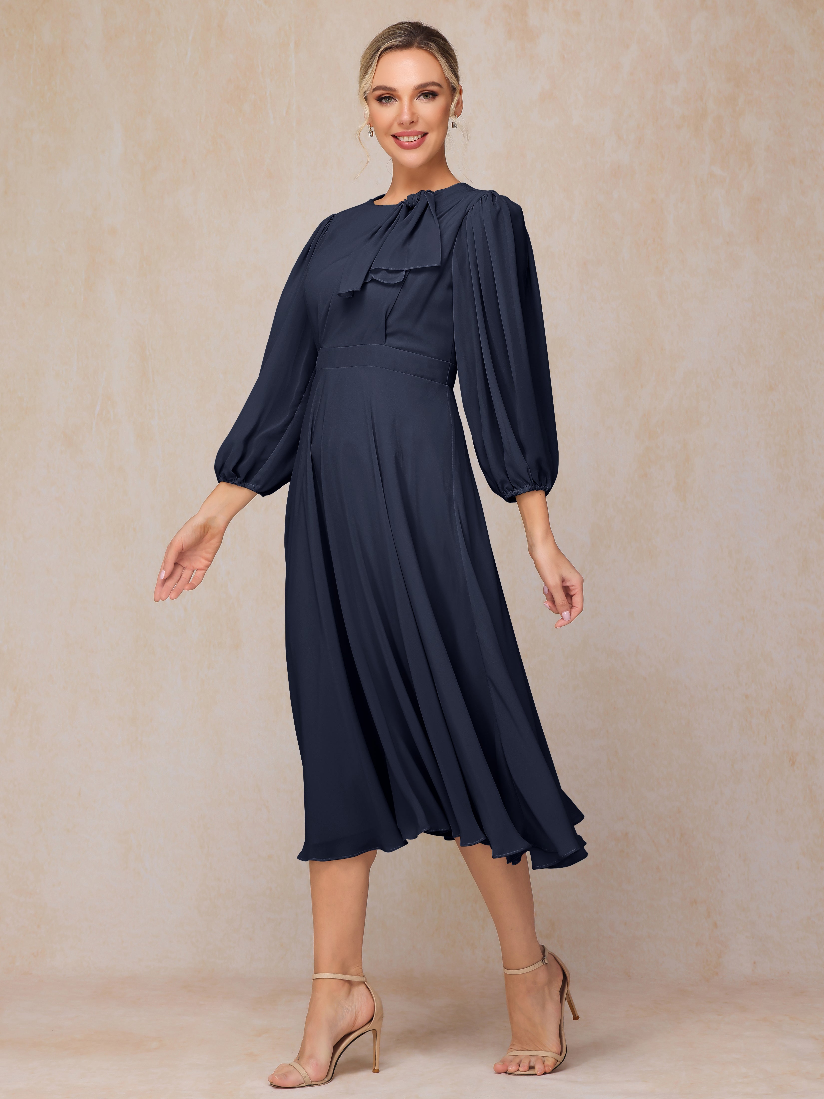 Long Sleeves A Line Tea Length Chiffon Mother Of The  Groom Dress