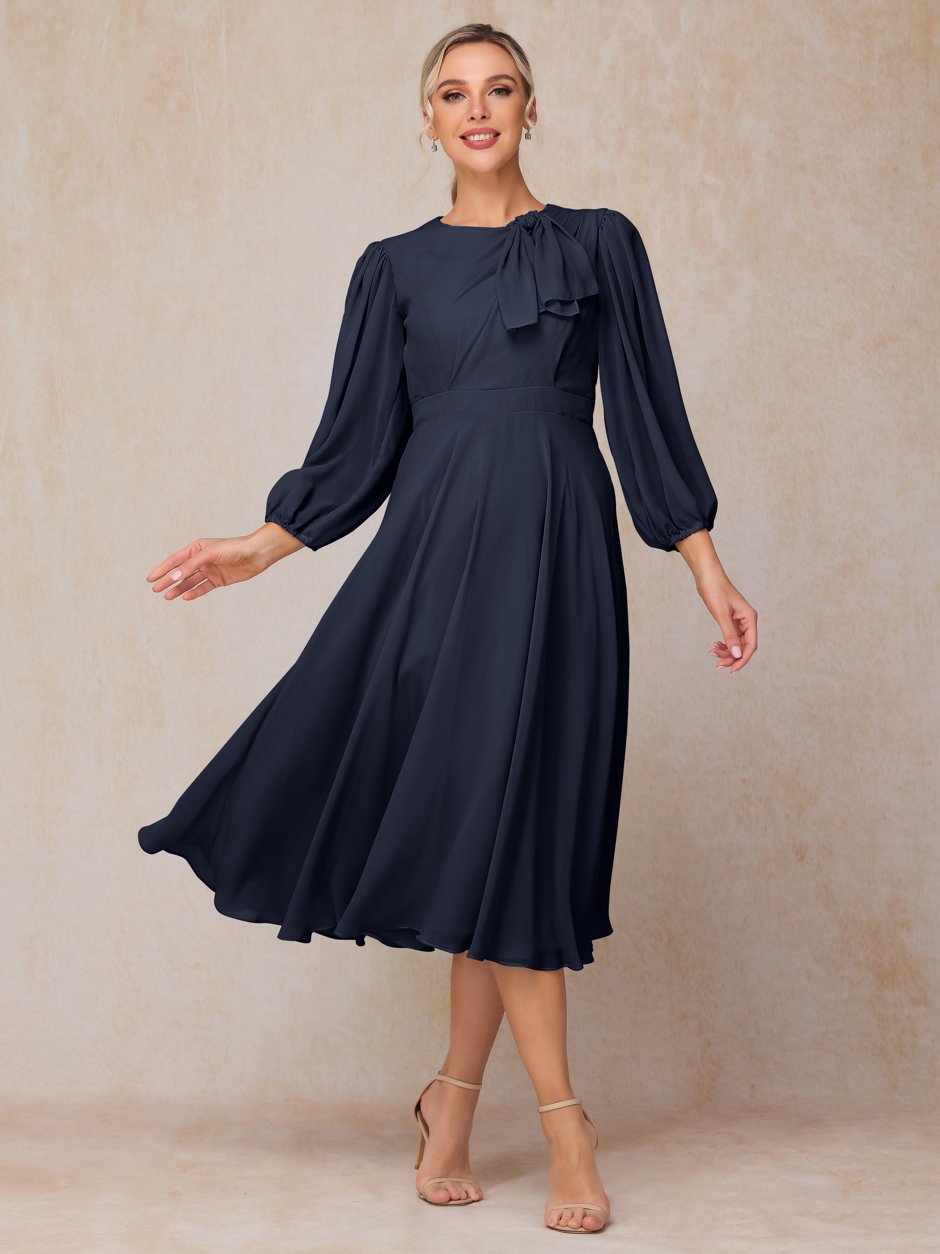 Long Sleeves A Line Tea Length Chiffon Mother Of The  Groom Dress