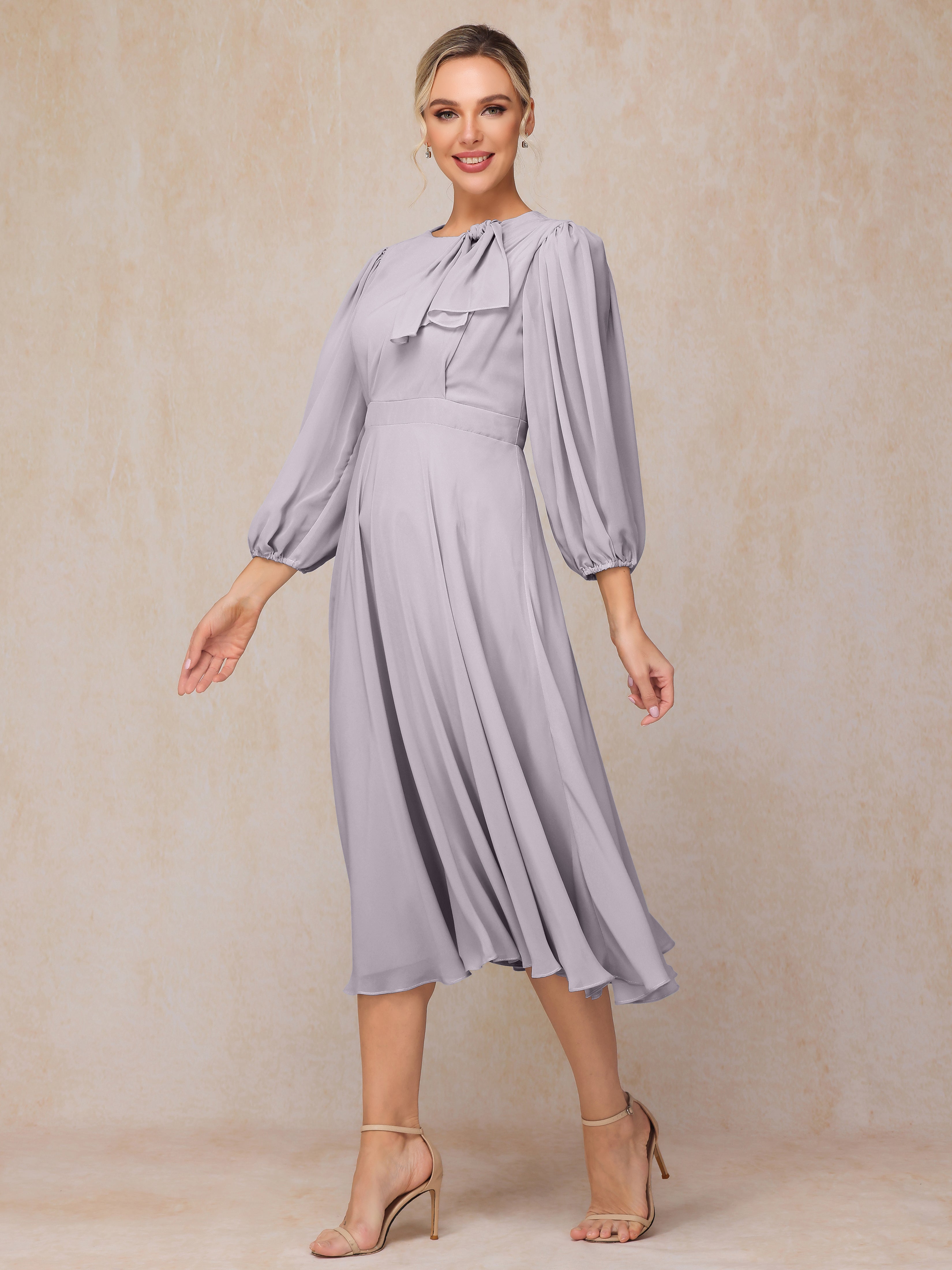 Long Sleeves A Line Tea Length Chiffon Mother Of The  Groom Dress