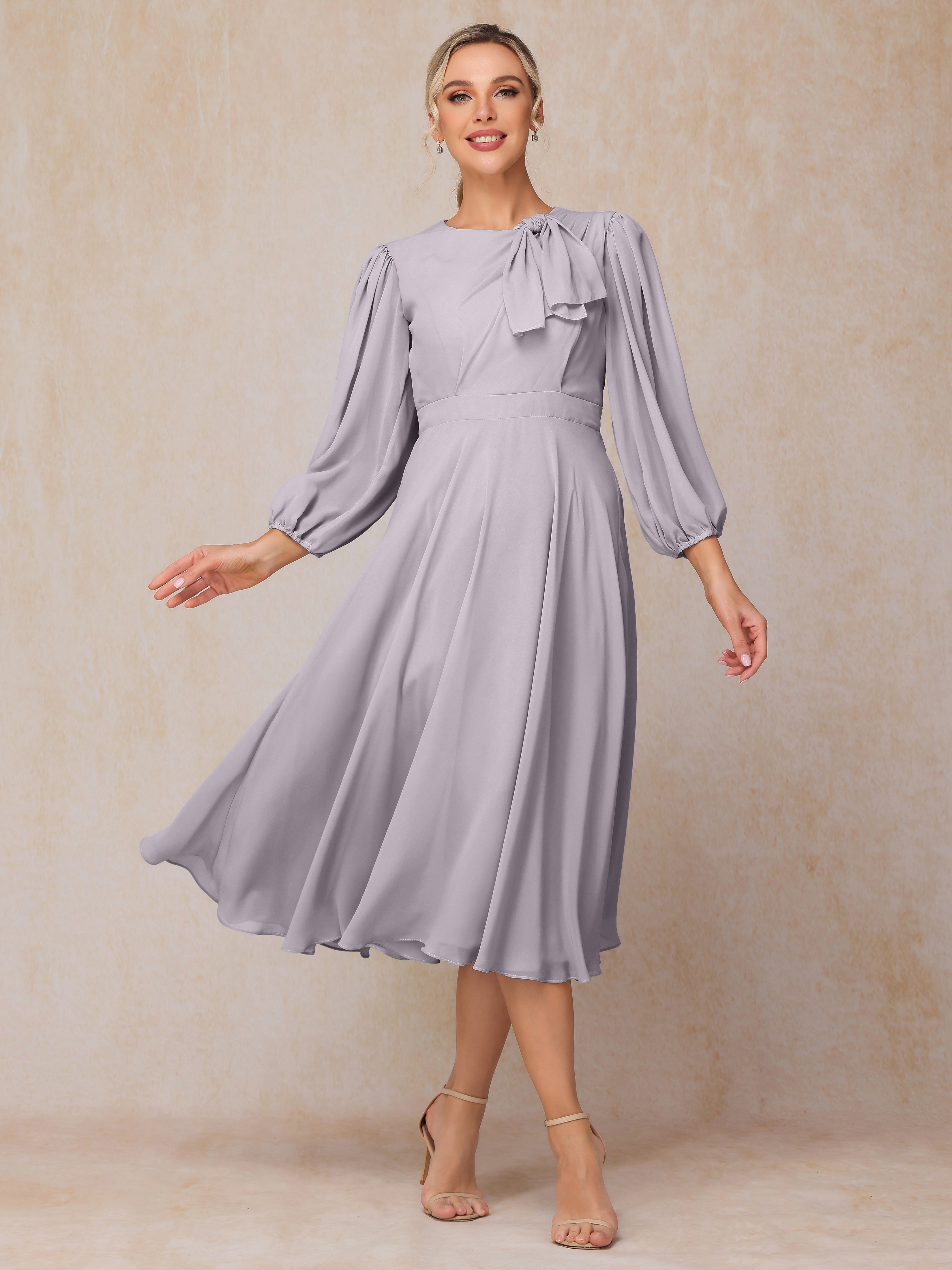 Long Sleeves A Line Tea Length Chiffon Wedding Guest Dresses