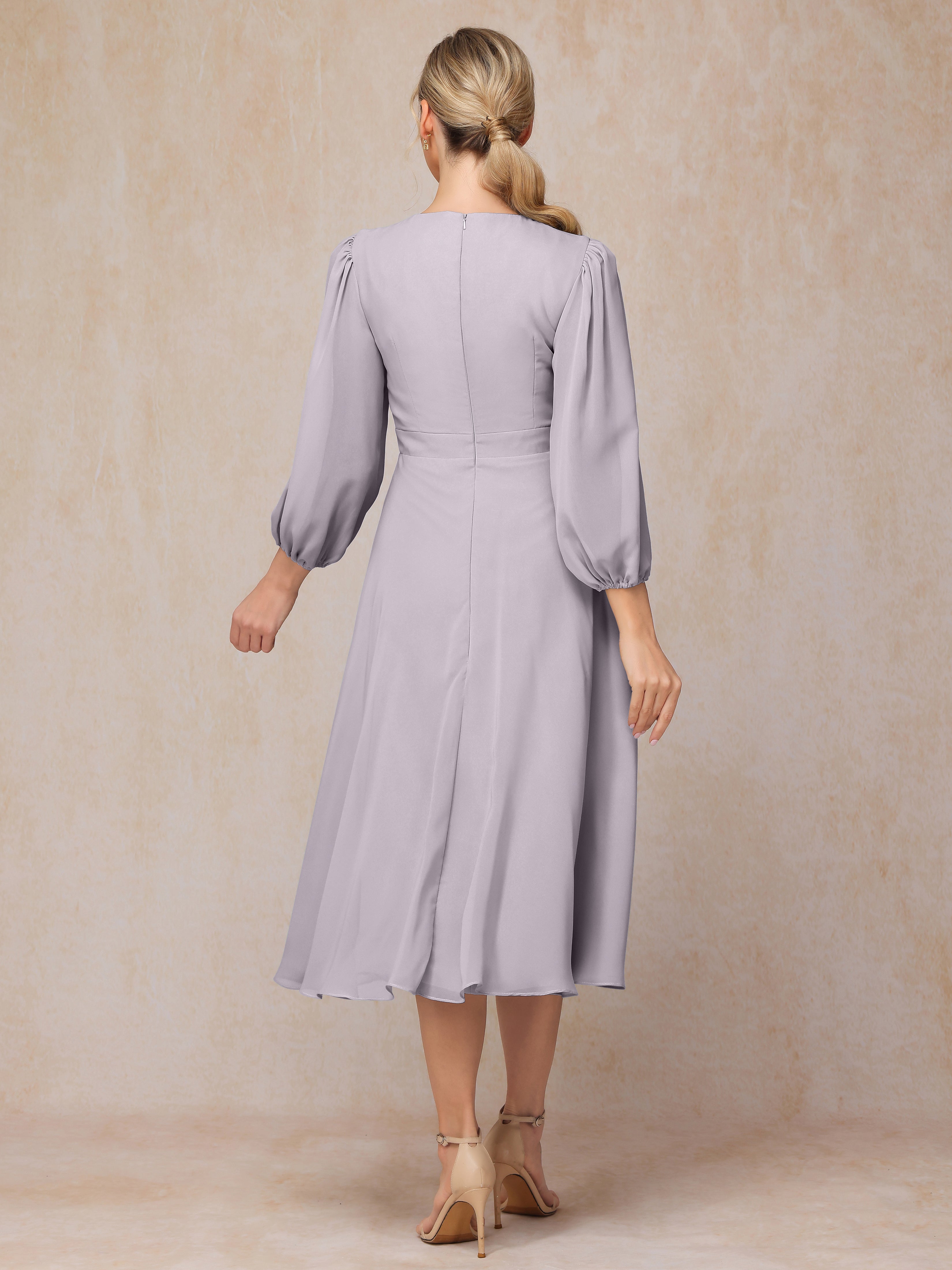 Long Sleeves A Line Tea Length Chiffon Mother Of The  Groom Dress