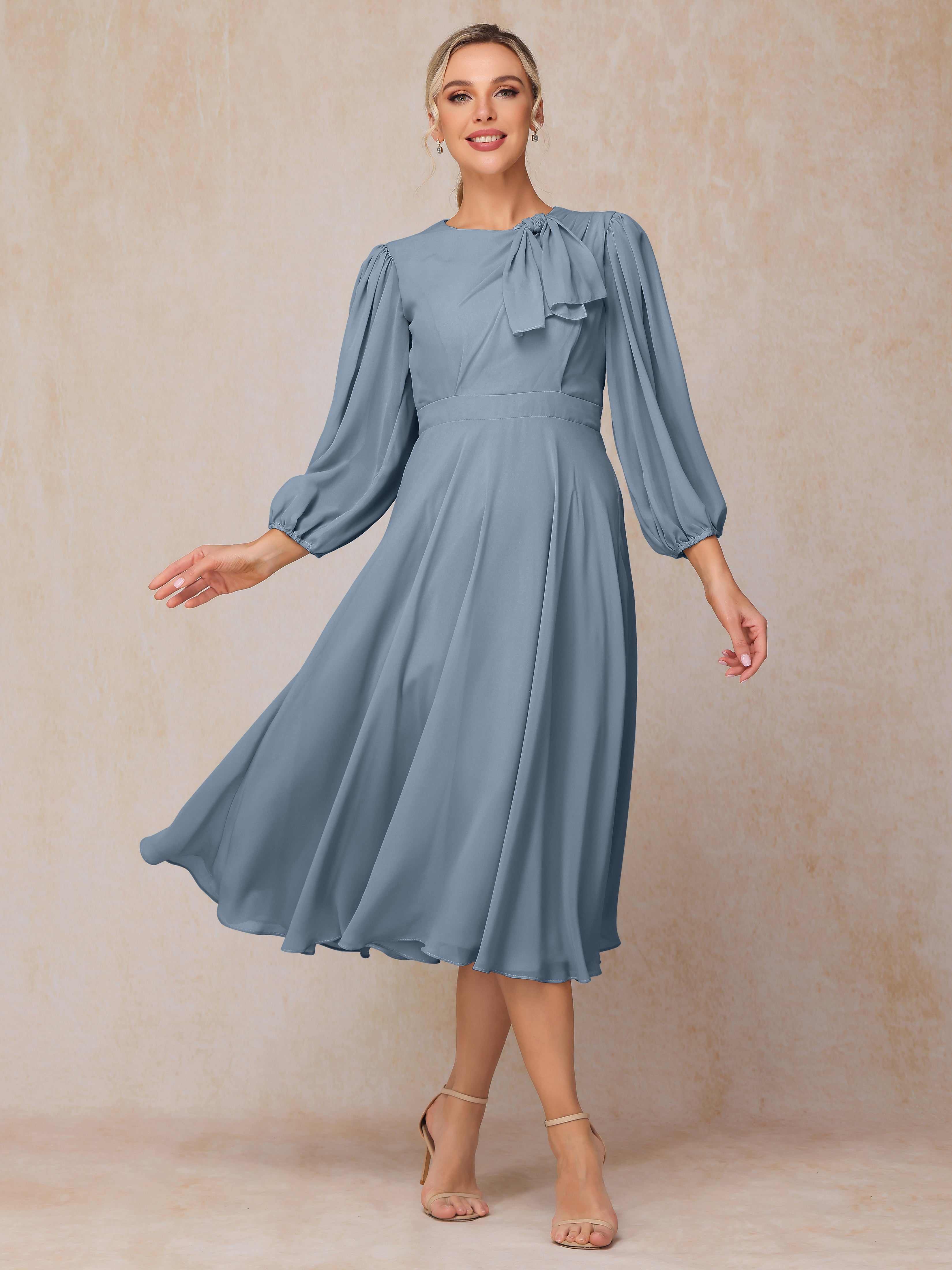 Long Sleeves A Line Tea Length Chiffon Mother Of The  Groom Dress