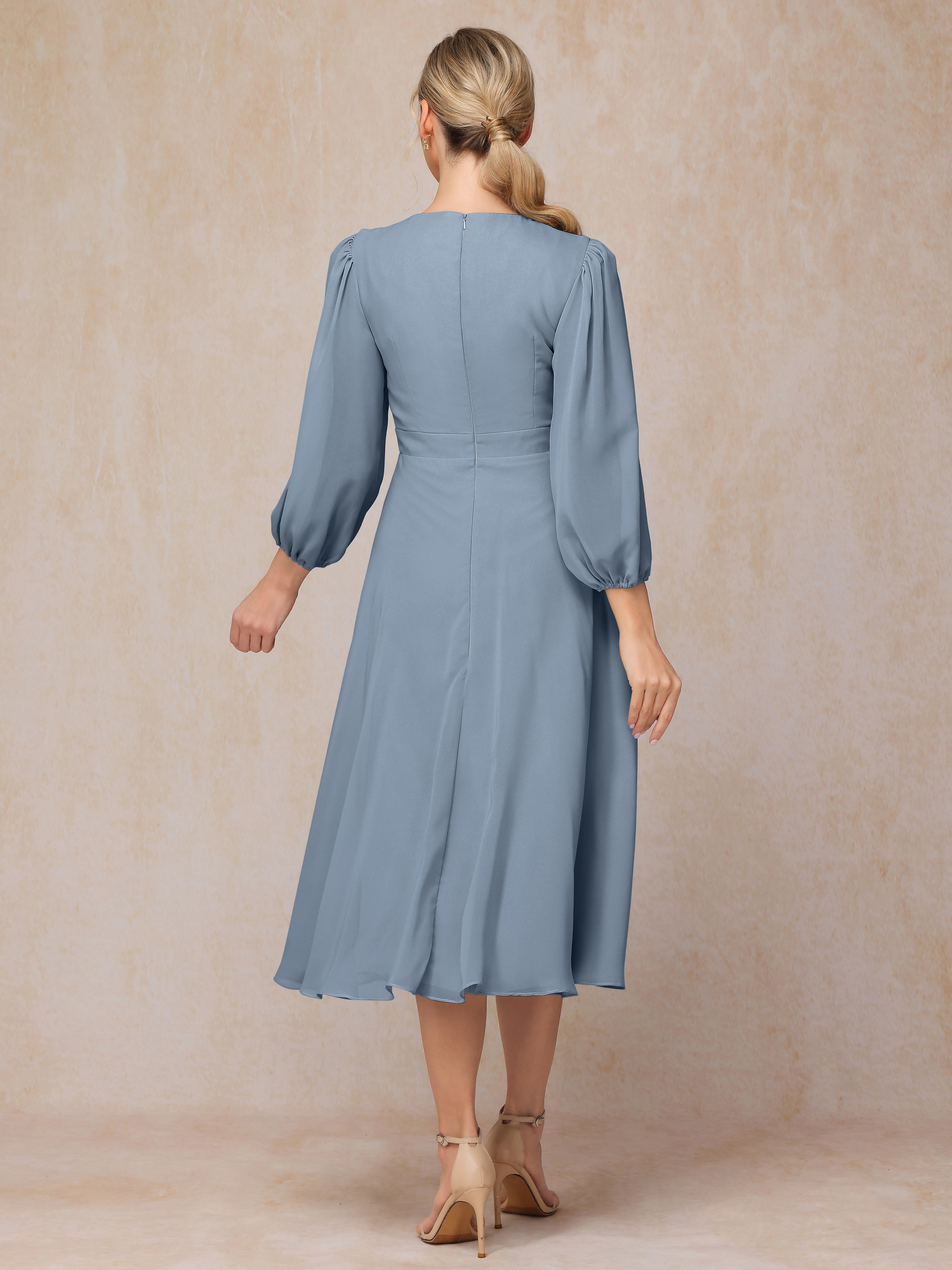 Long Sleeves A Line Tea Length Chiffon Mother Of The  Groom Dress