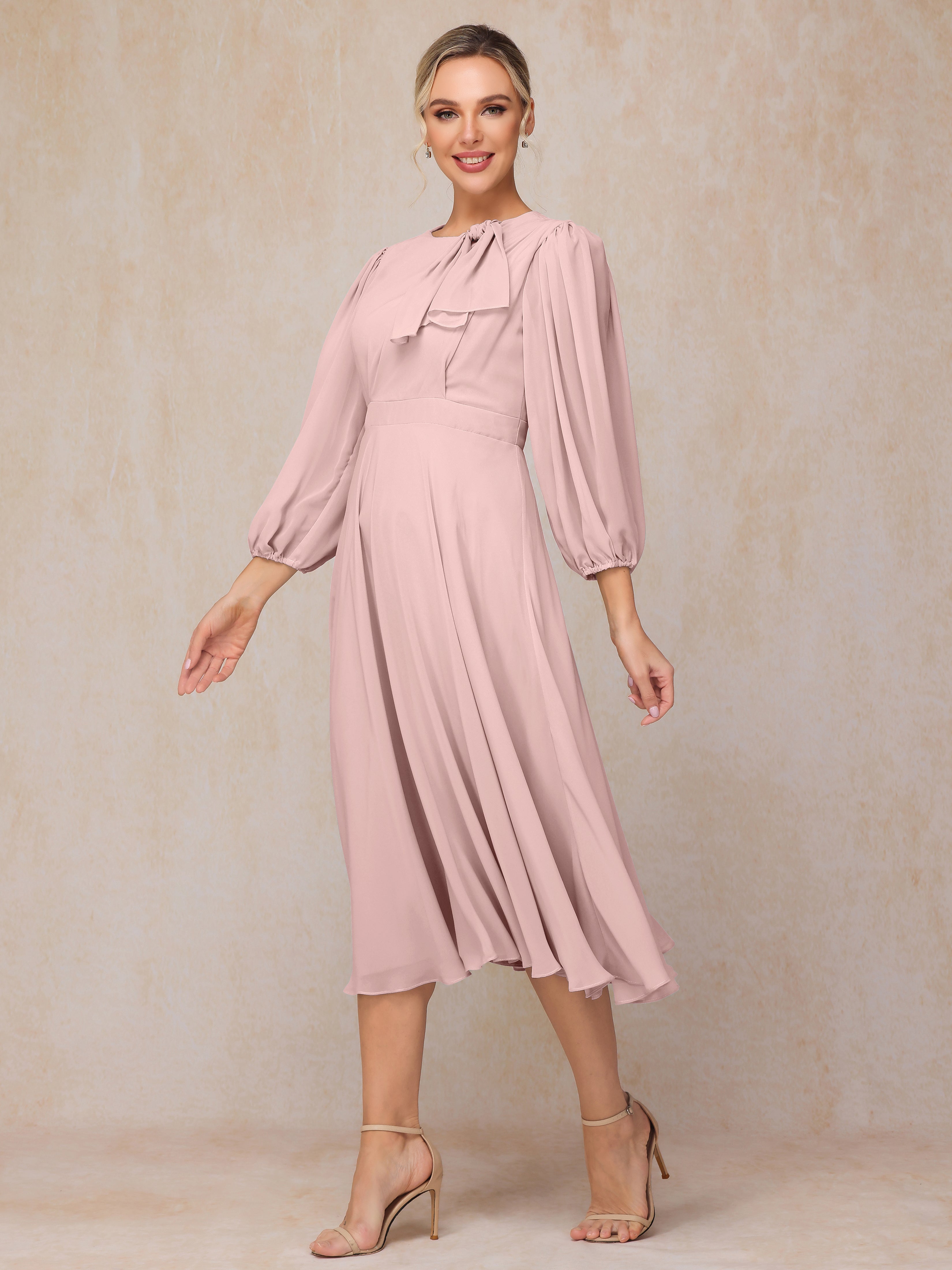 Long Sleeves A Line Tea Length Chiffon Mother Of The  Groom Dress