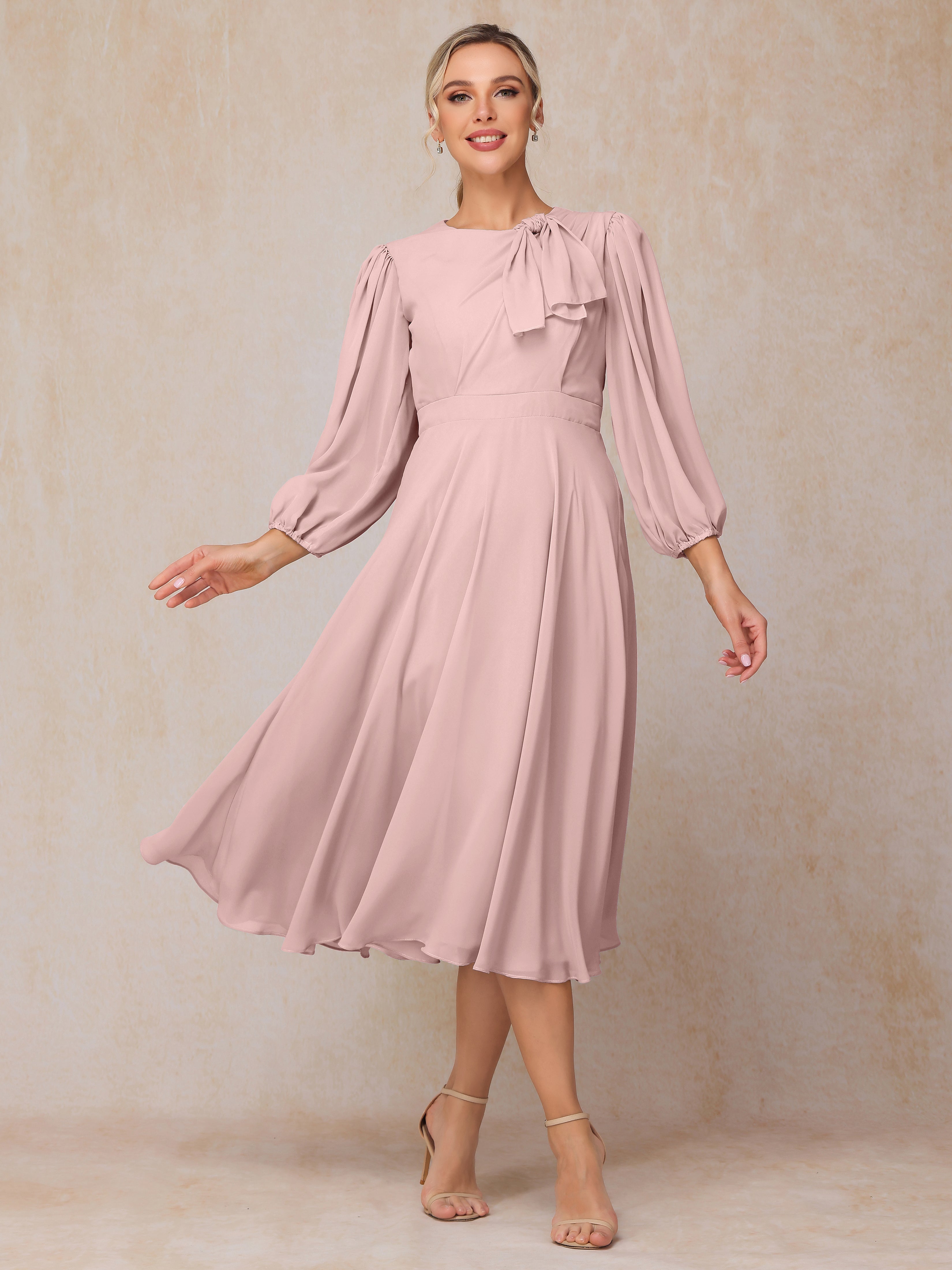 Long Sleeves A Line Tea Length Chiffon Mother Of The  Groom Dress