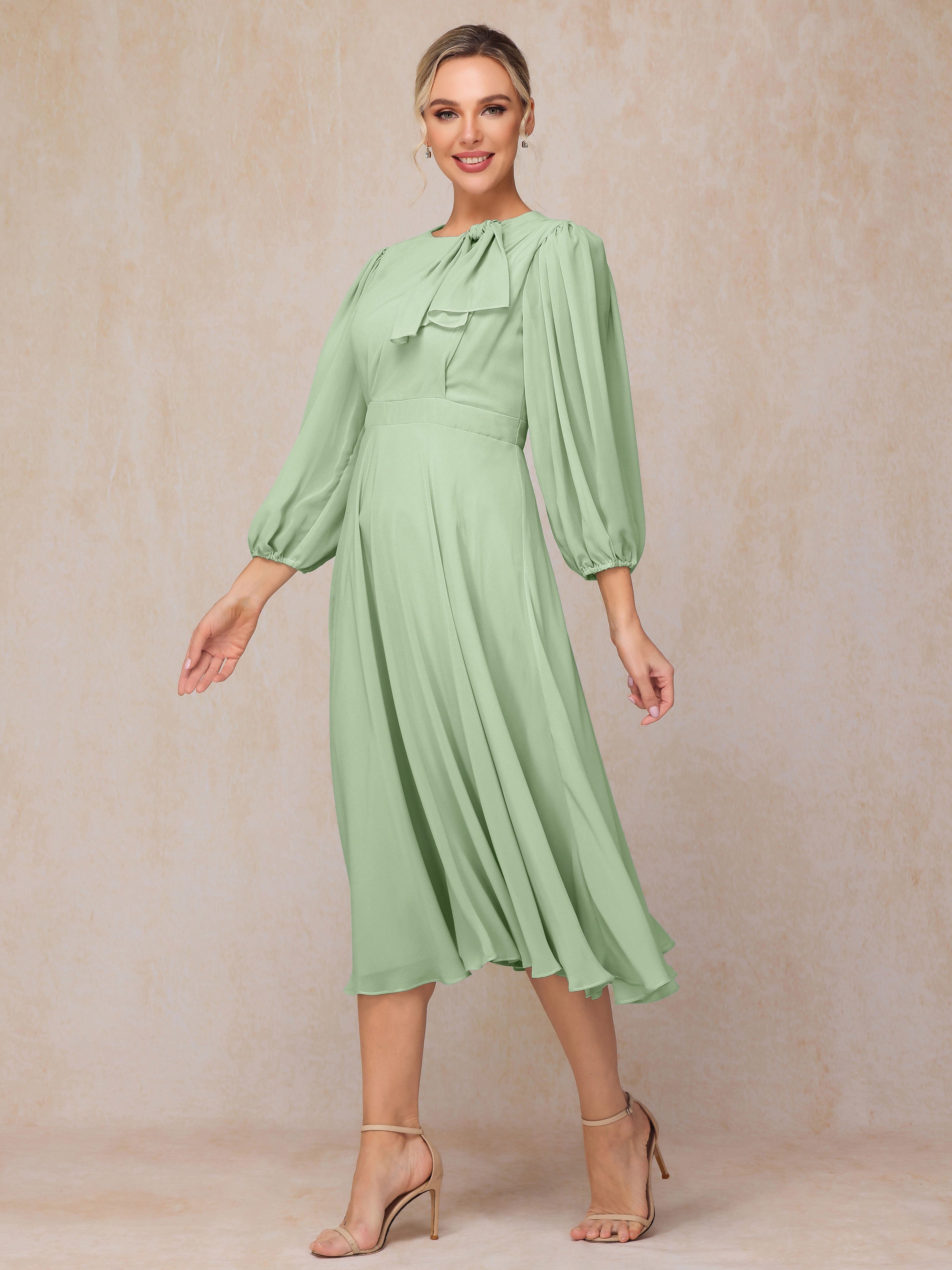 Long Sleeves A Line Tea Length Chiffon Mother Of The  Groom Dress