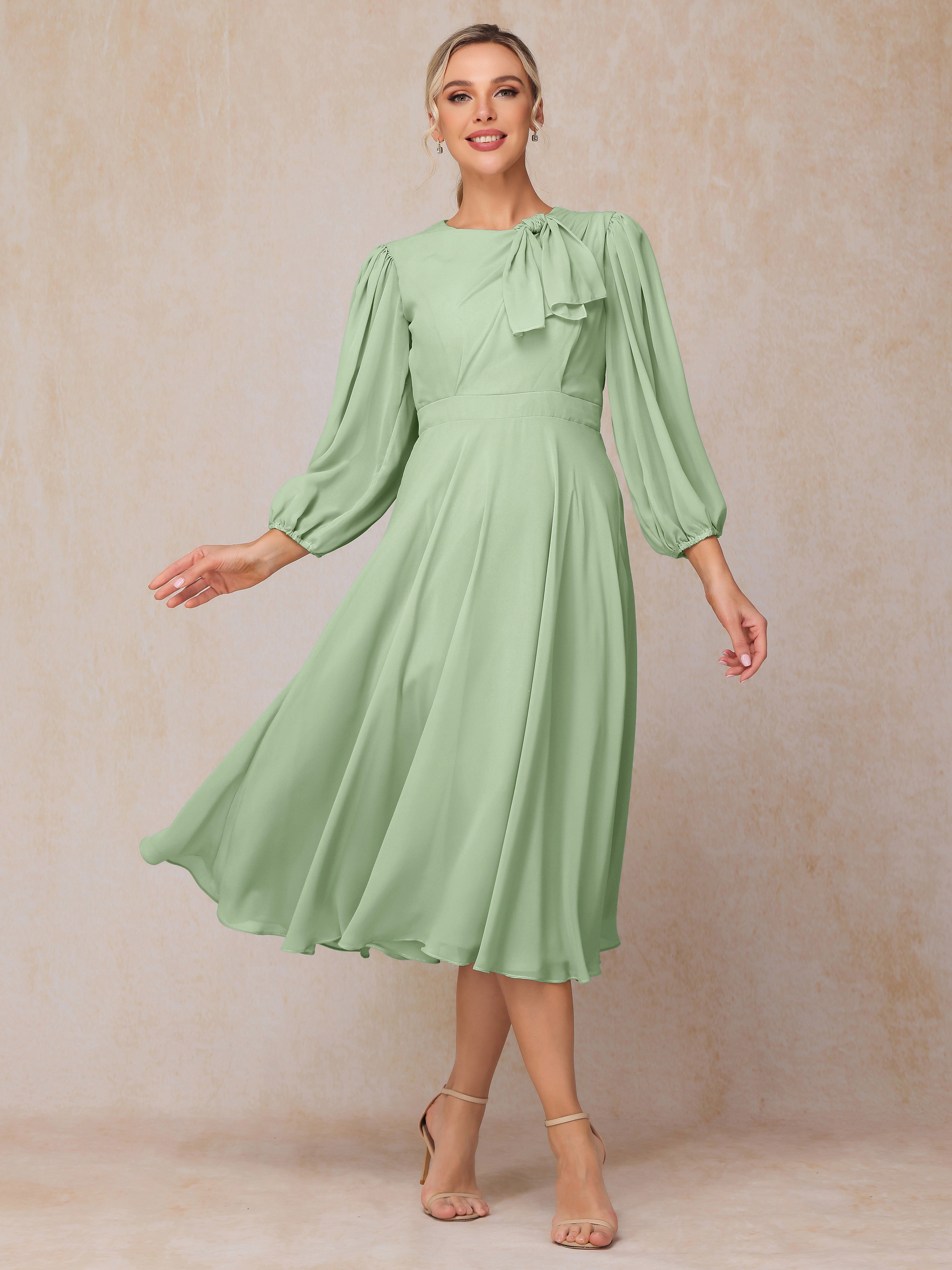 Long Sleeves A Line Tea Length Chiffon Mother Of The  Groom Dress