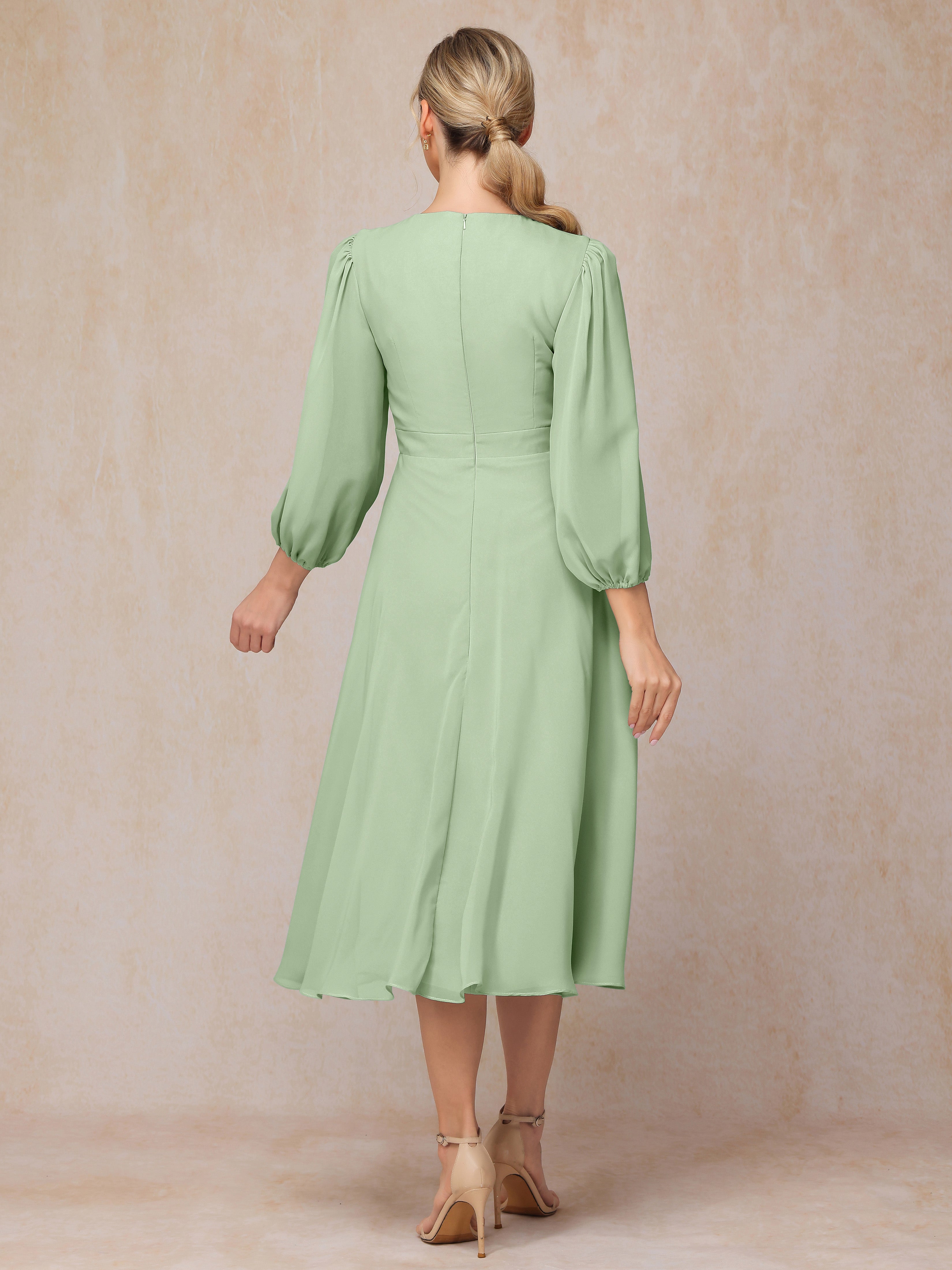 Long Sleeves A Line Tea Length Chiffon Mother Of The  Groom Dress