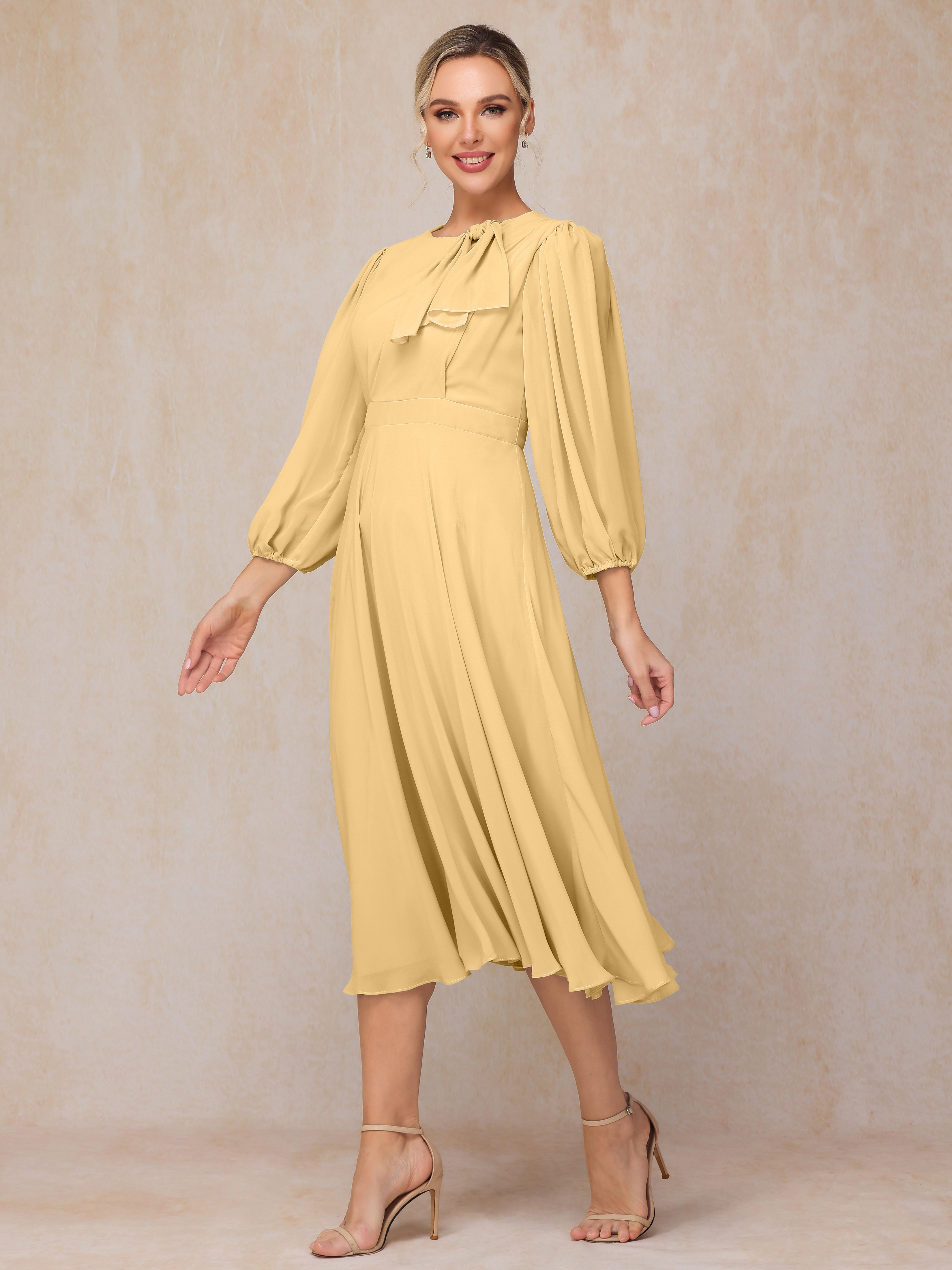 Long Sleeves A Line Tea Length Chiffon Mother Of The  Groom Dress