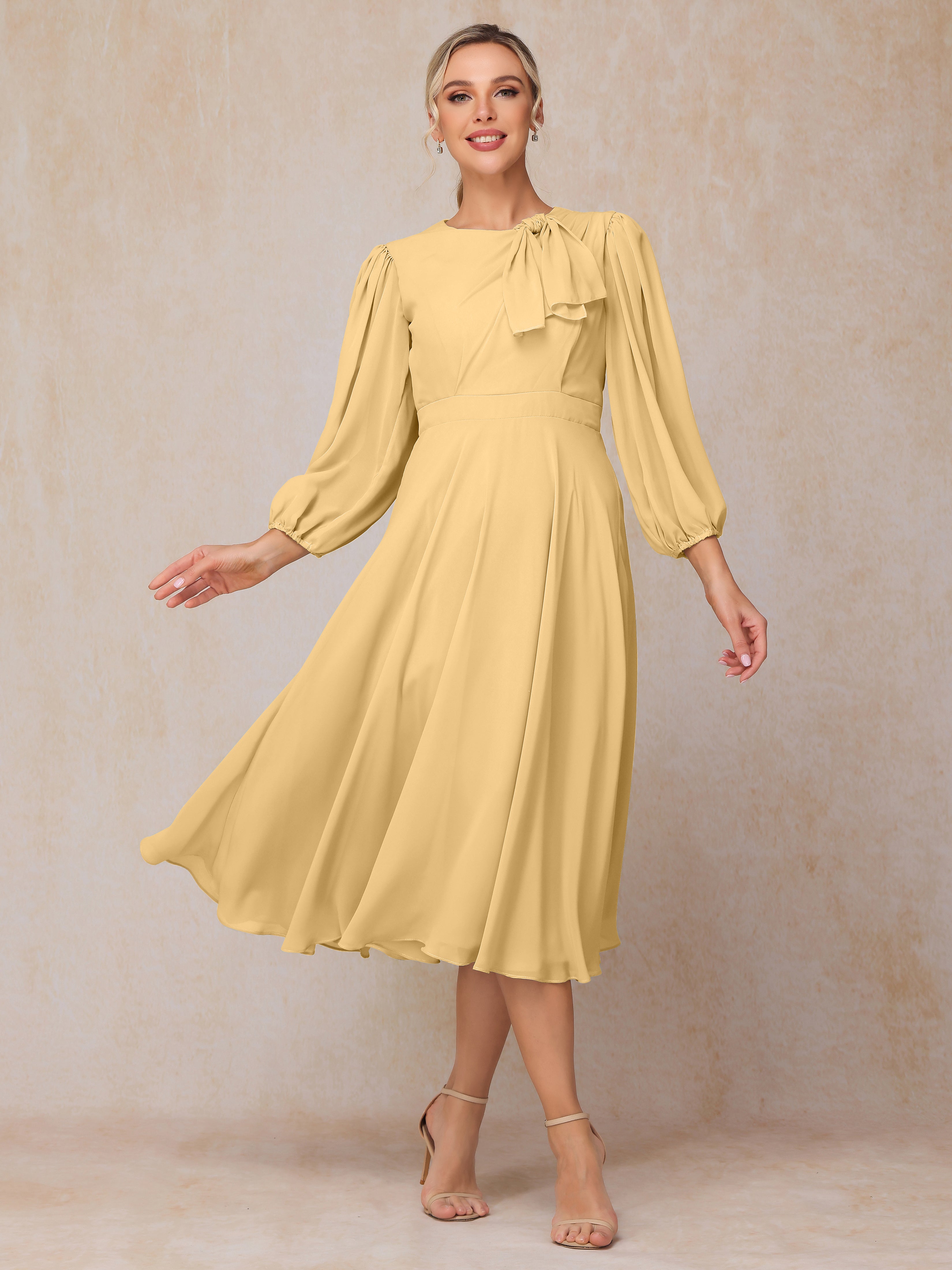 Long Sleeves A Line Tea Length Chiffon Mother Of The  Groom Dress