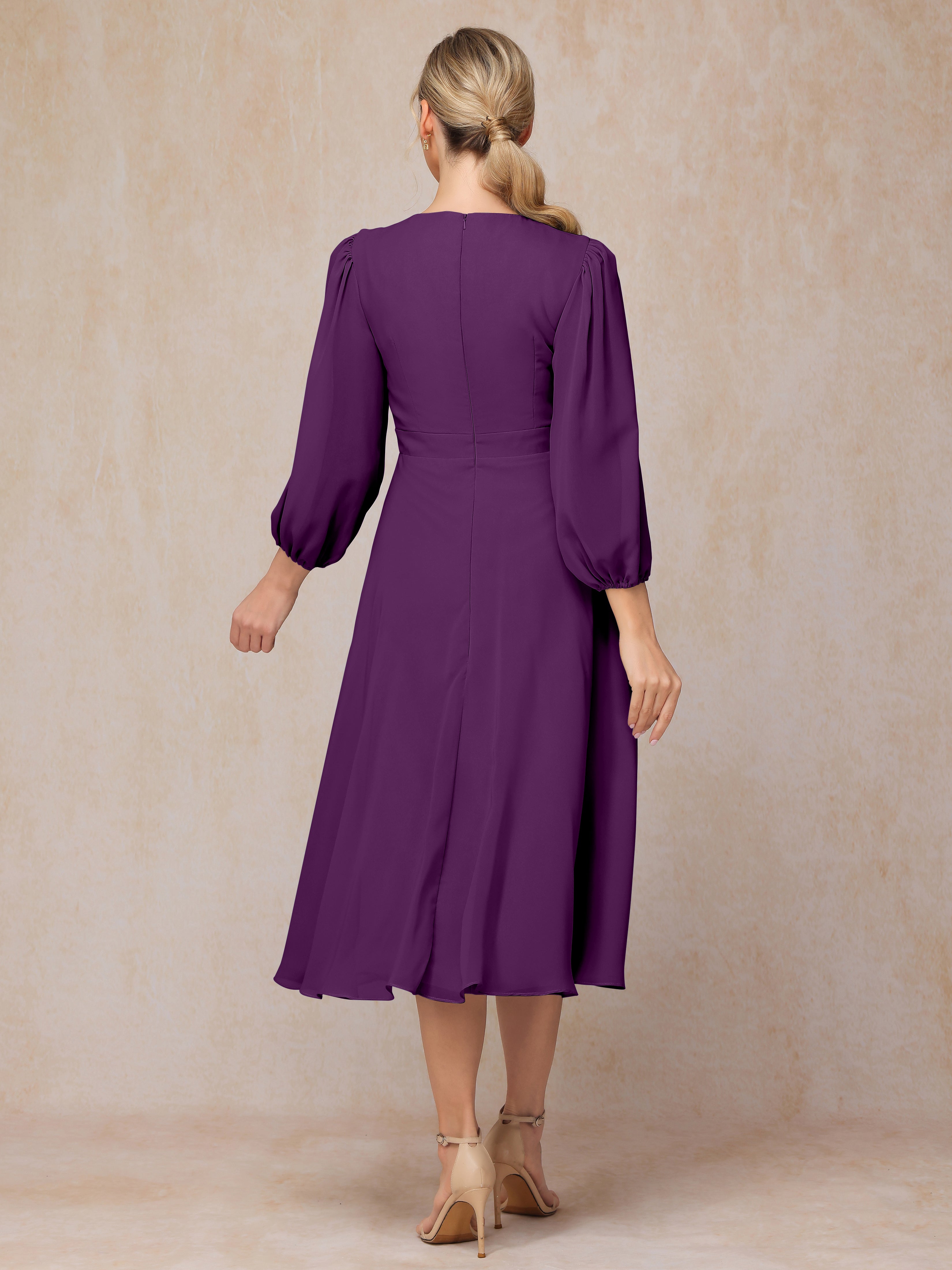 Long Sleeves A Line Tea Length Chiffon Mother Of The  Groom Dress