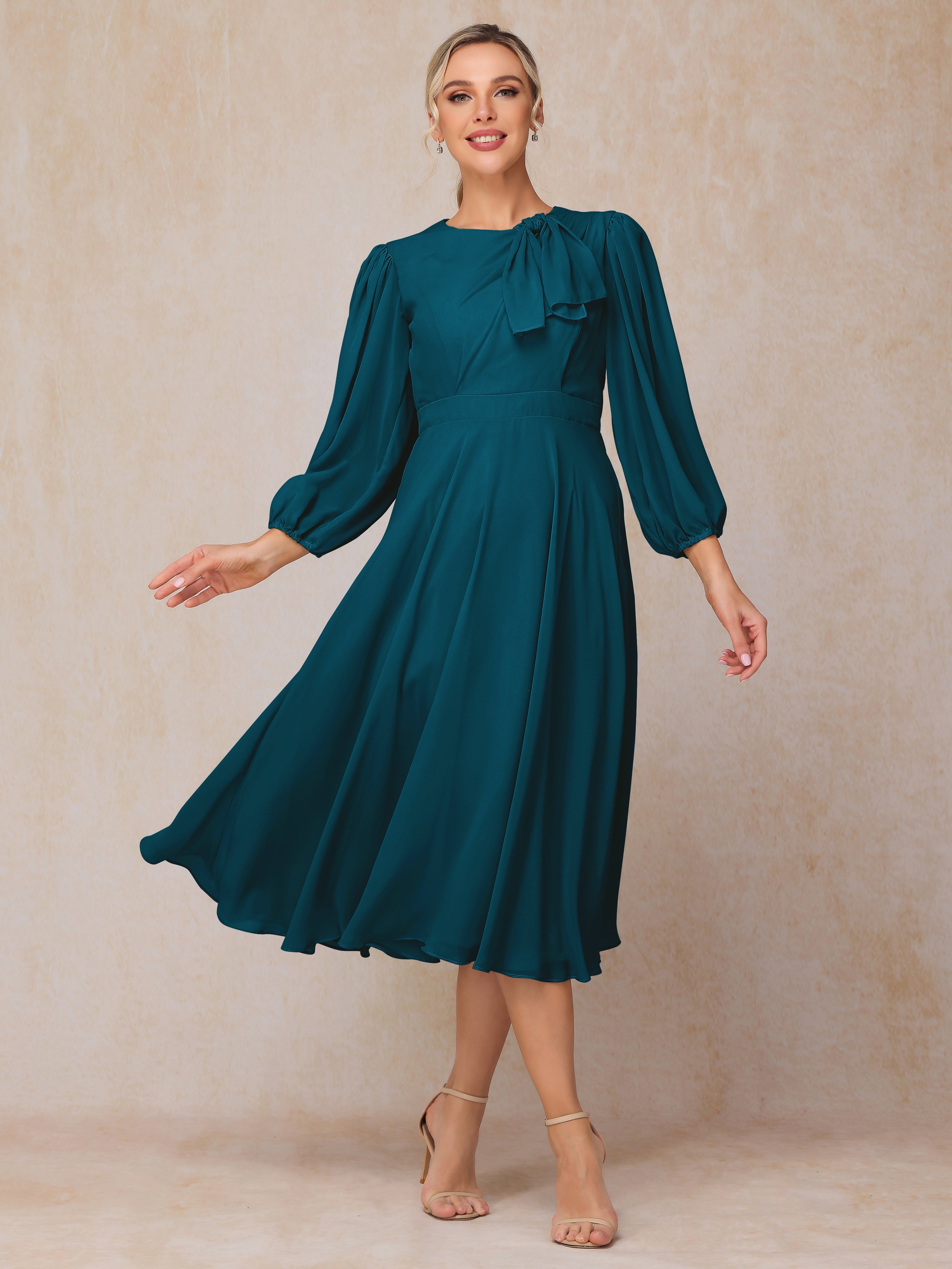 Long Sleeves A Line Tea Length Chiffon Mother Of The  Groom Dress