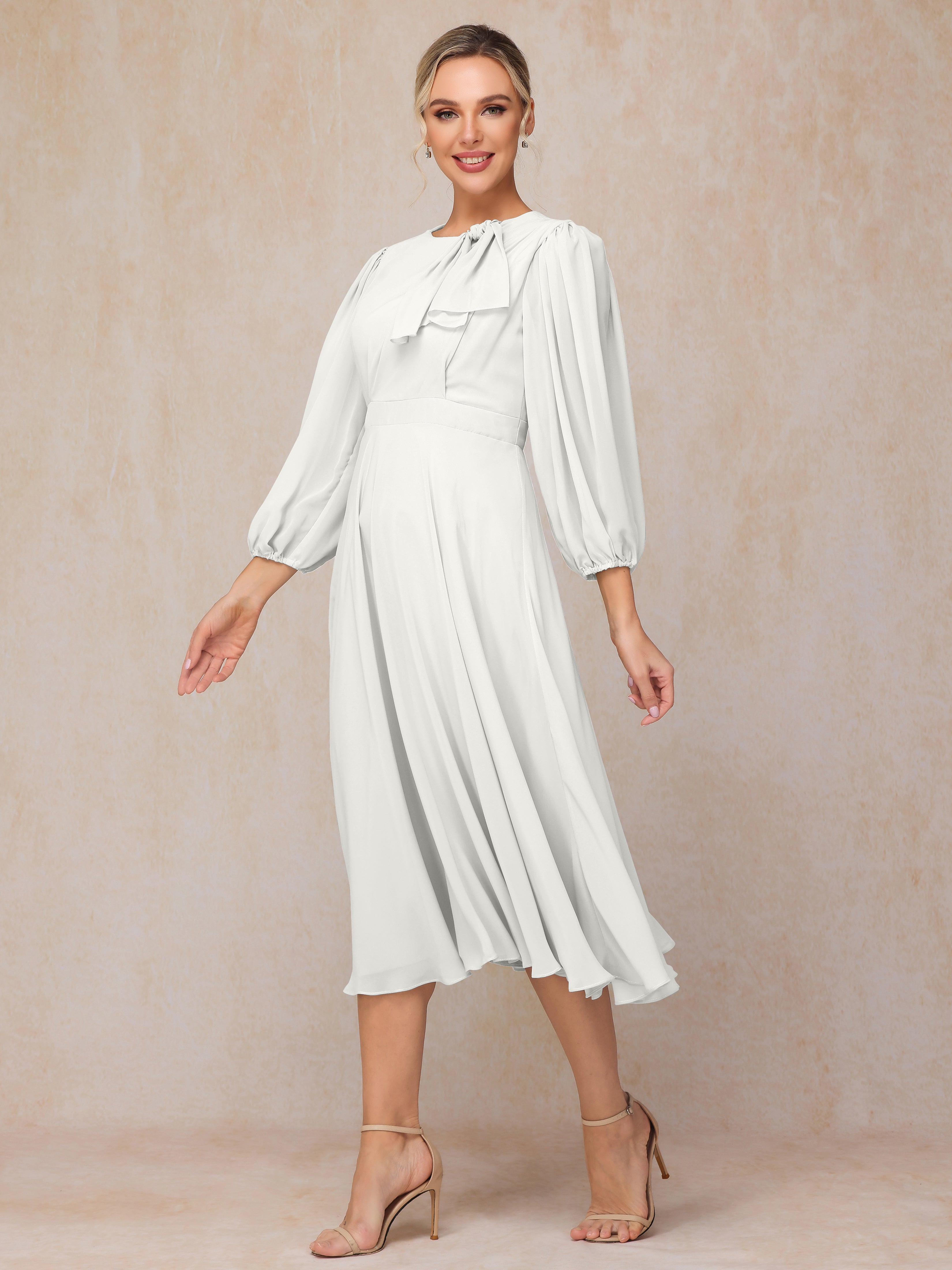 Long Sleeves A Line Tea Length Chiffon Mother Of The  Groom Dress