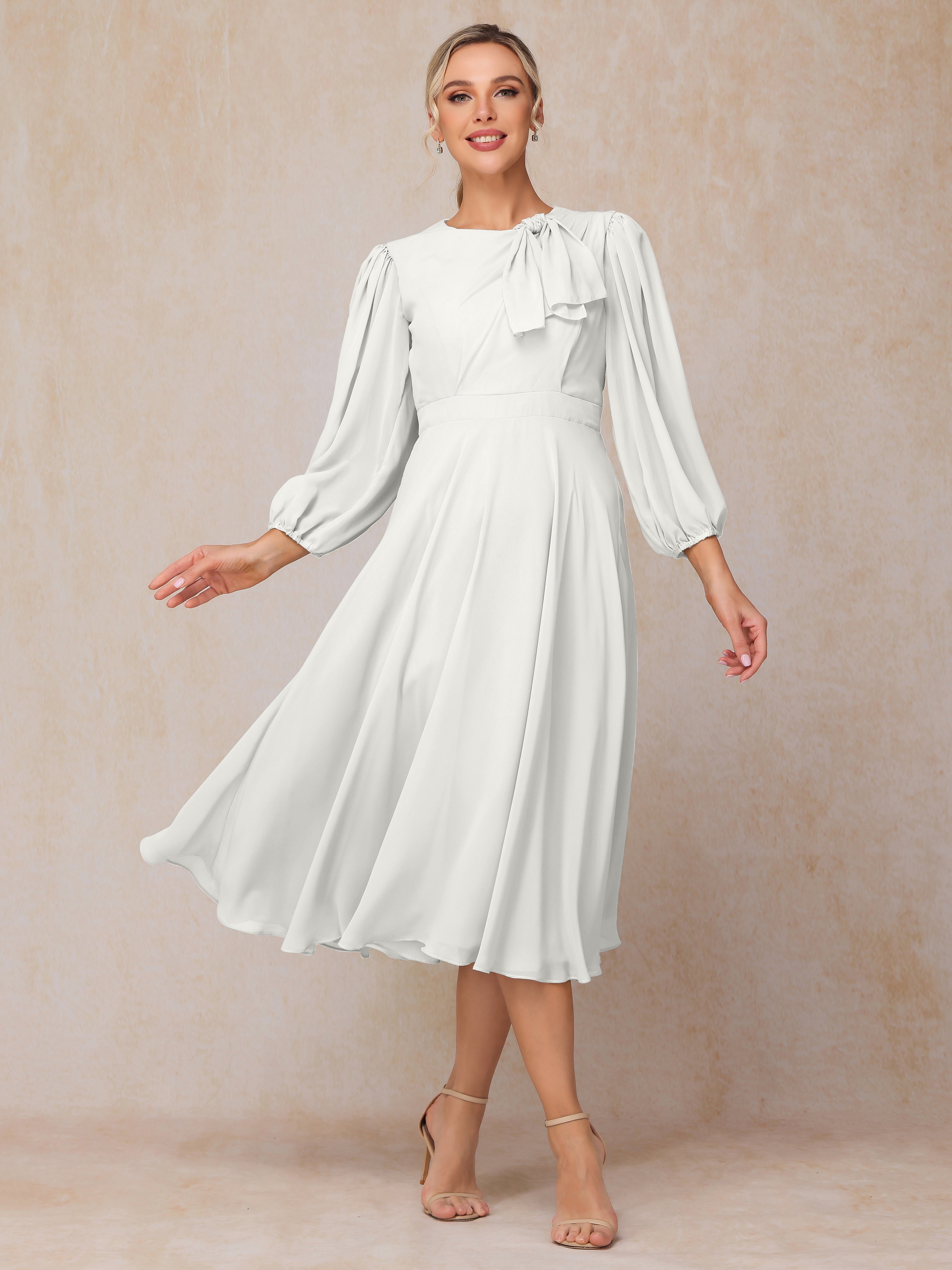 Long Sleeves A Line Tea Length Chiffon Mother Of The  Groom Dress