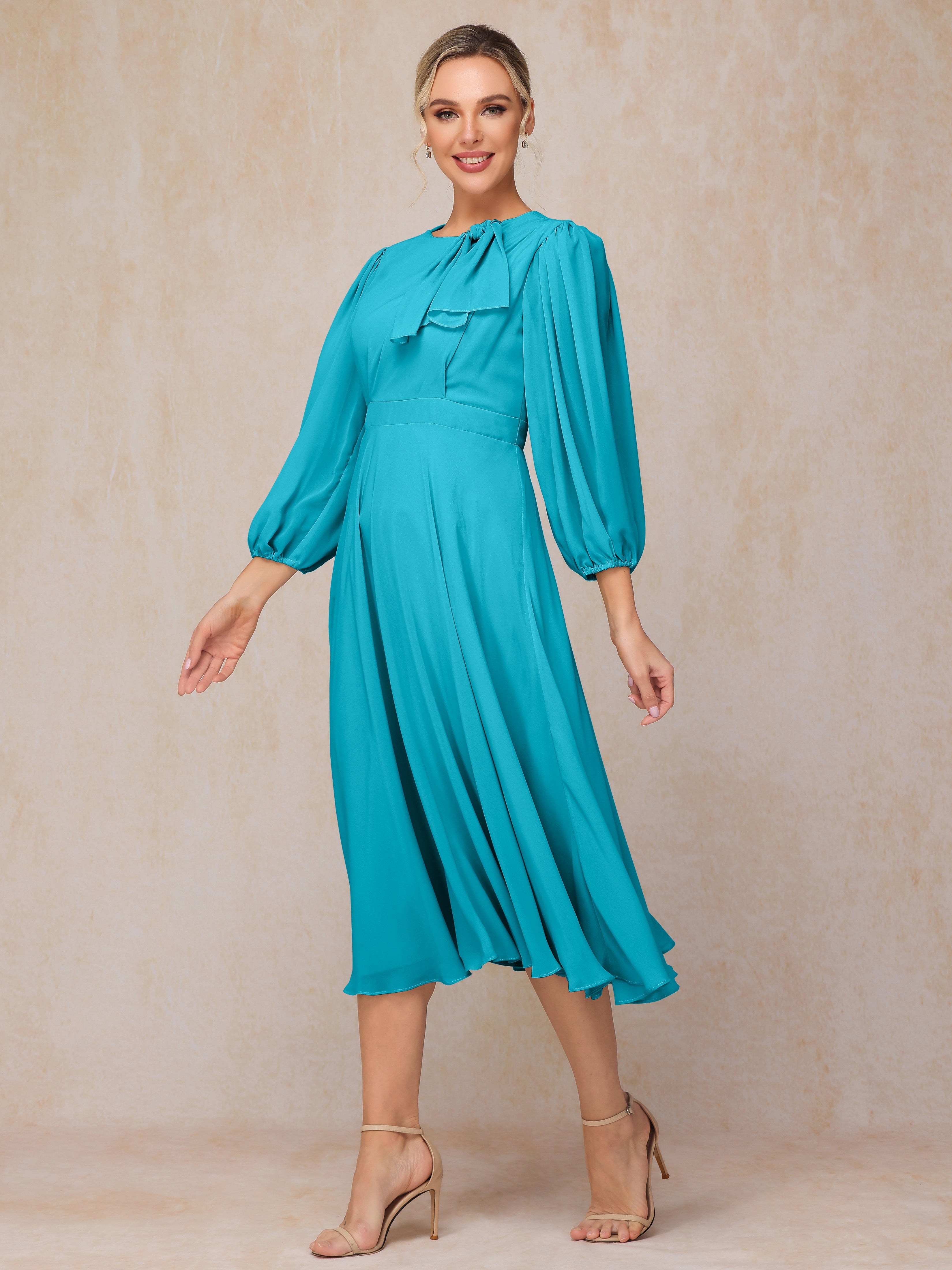 Long Sleeves A Line Tea Length Chiffon Mother Of The  Groom Dress