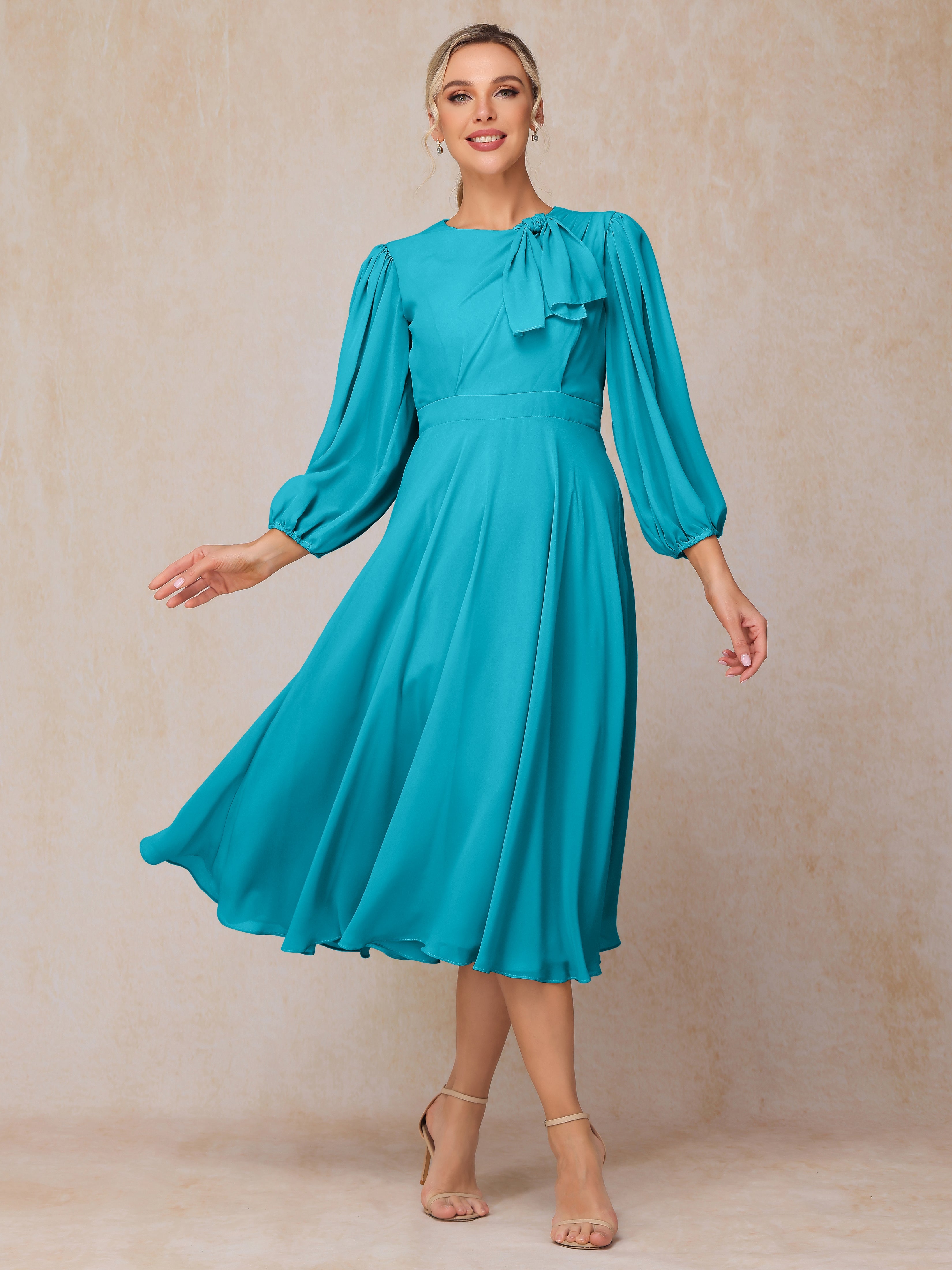 Long Sleeves A Line Tea Length Chiffon Mother Of The  Groom Dress