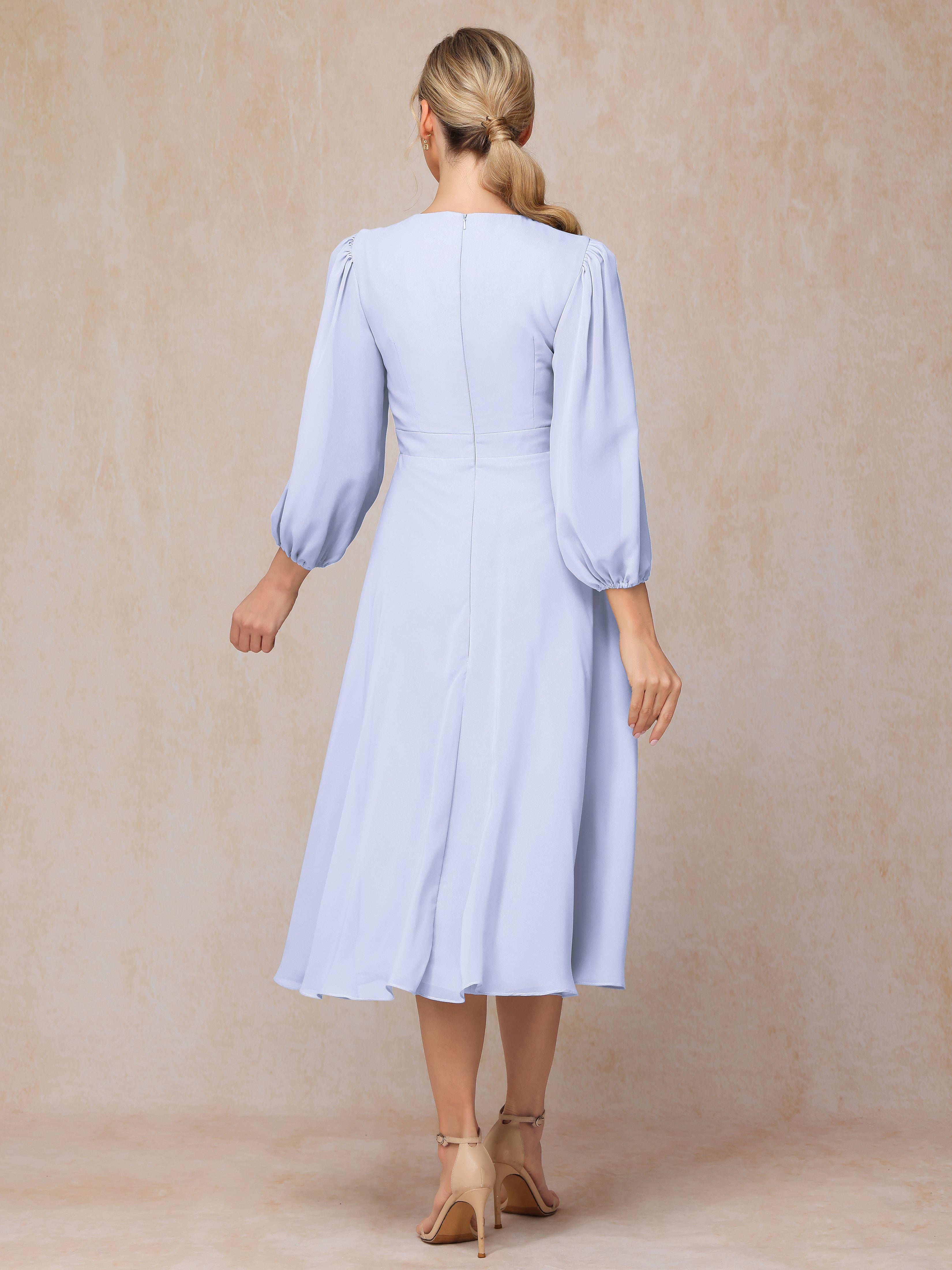 Long Sleeves A Line Tea Length Chiffon Mother Of The  Groom Dress