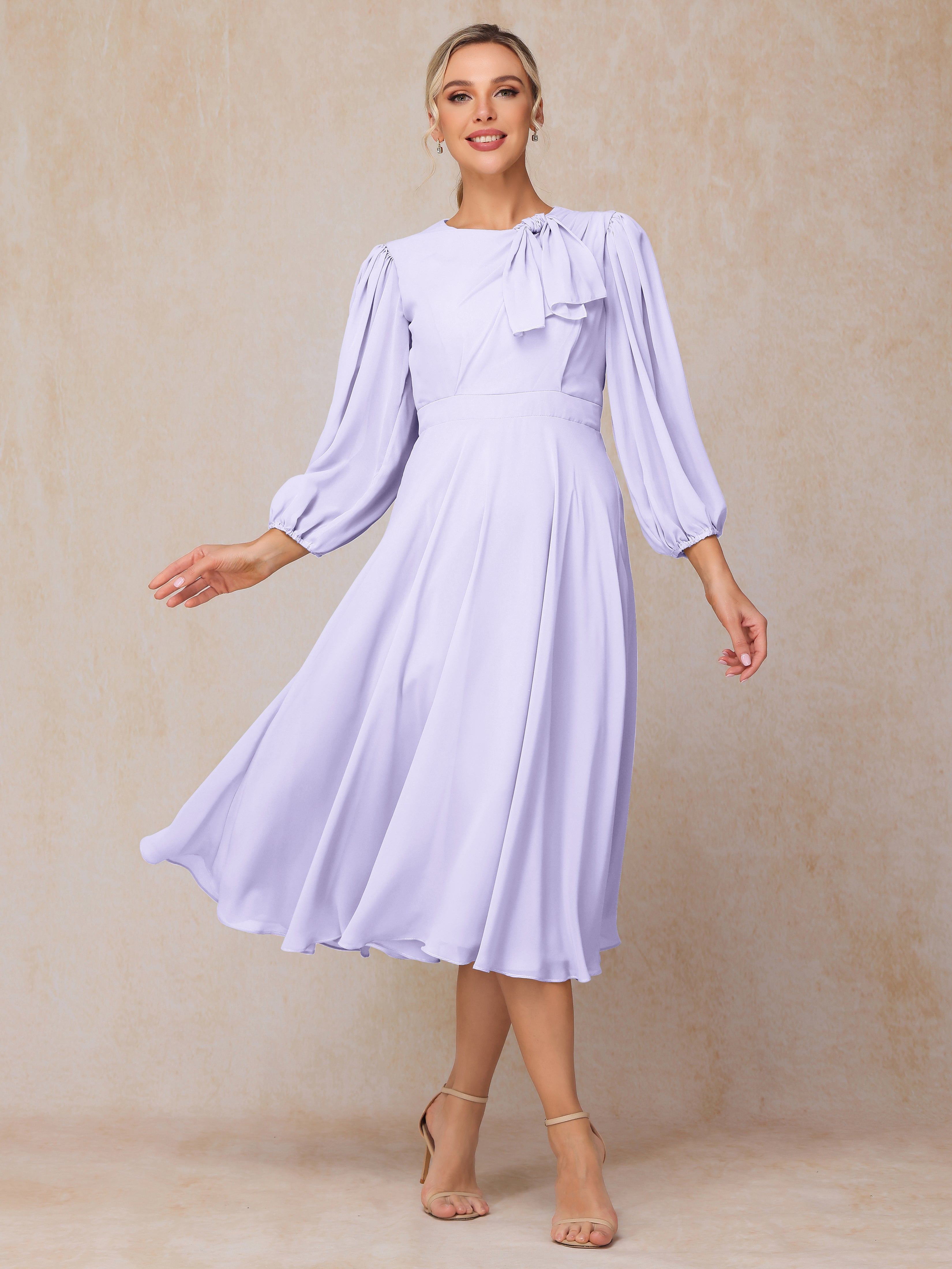 Long Sleeves A Line Tea Length Chiffon Mother Of The  Groom Dress