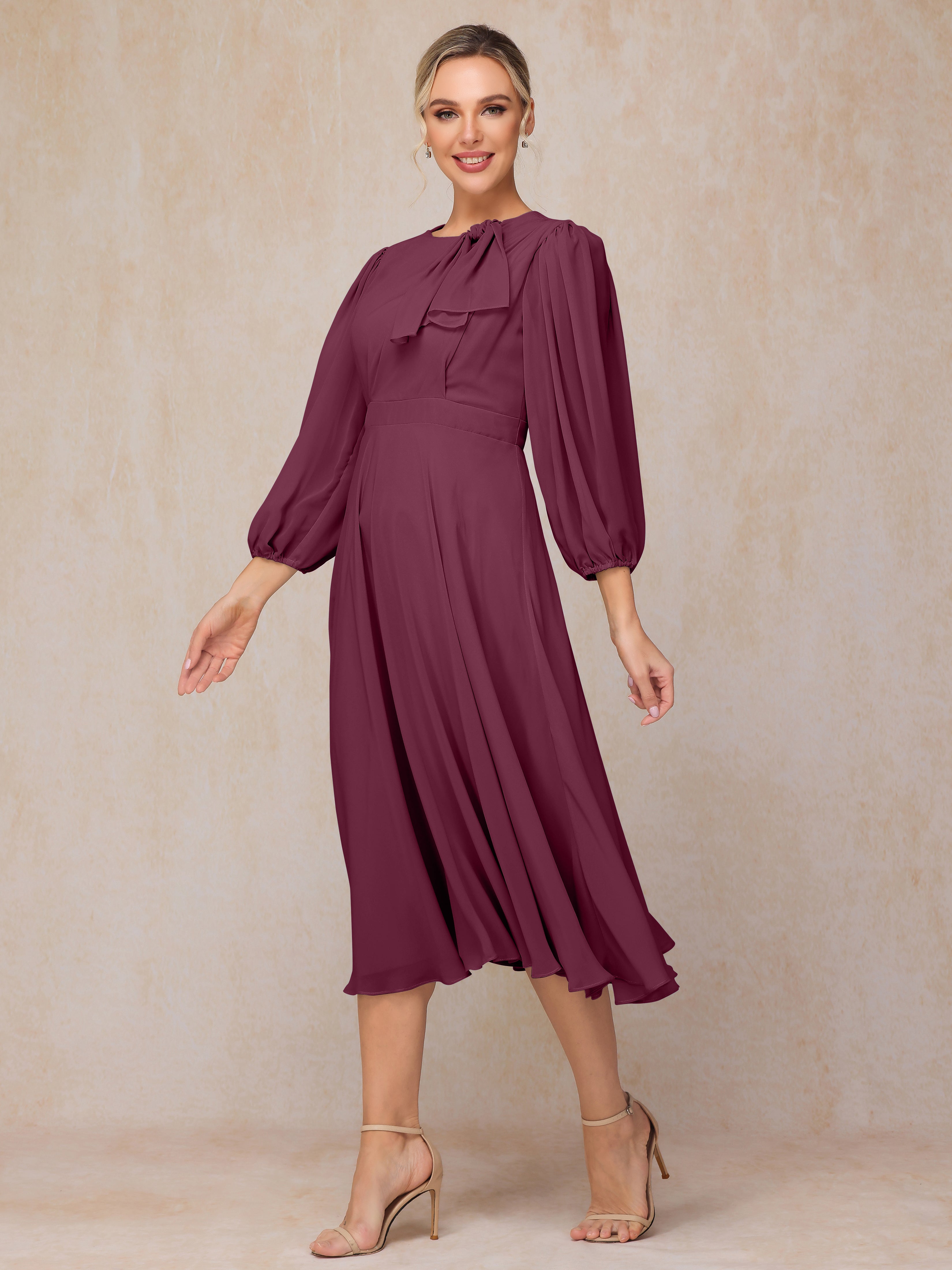 Long Sleeves A Line Tea Length Chiffon Mother Of The  Groom Dress