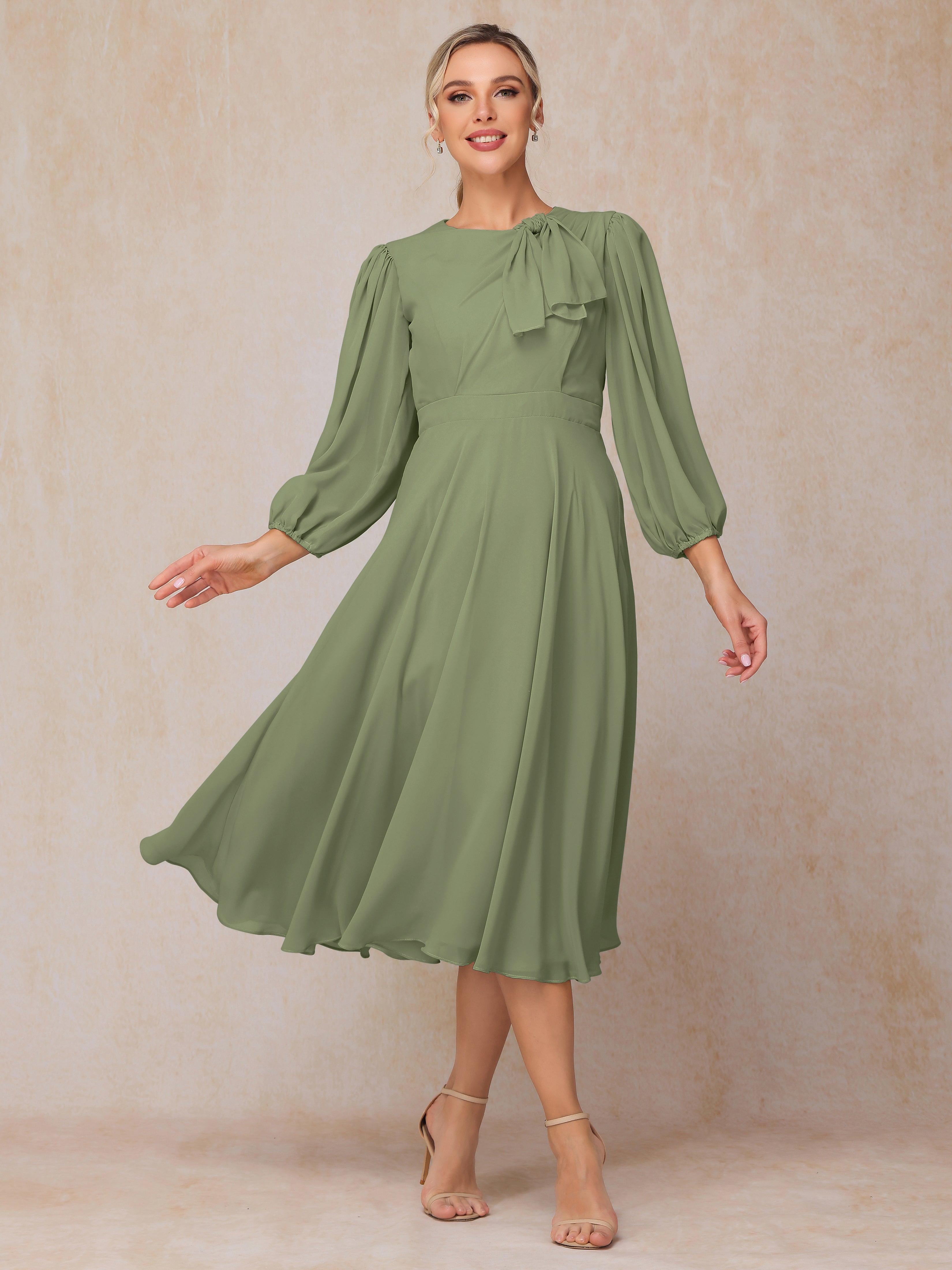 Long Sleeves A Line Tea Length Chiffon Mother Of The  Groom Dress