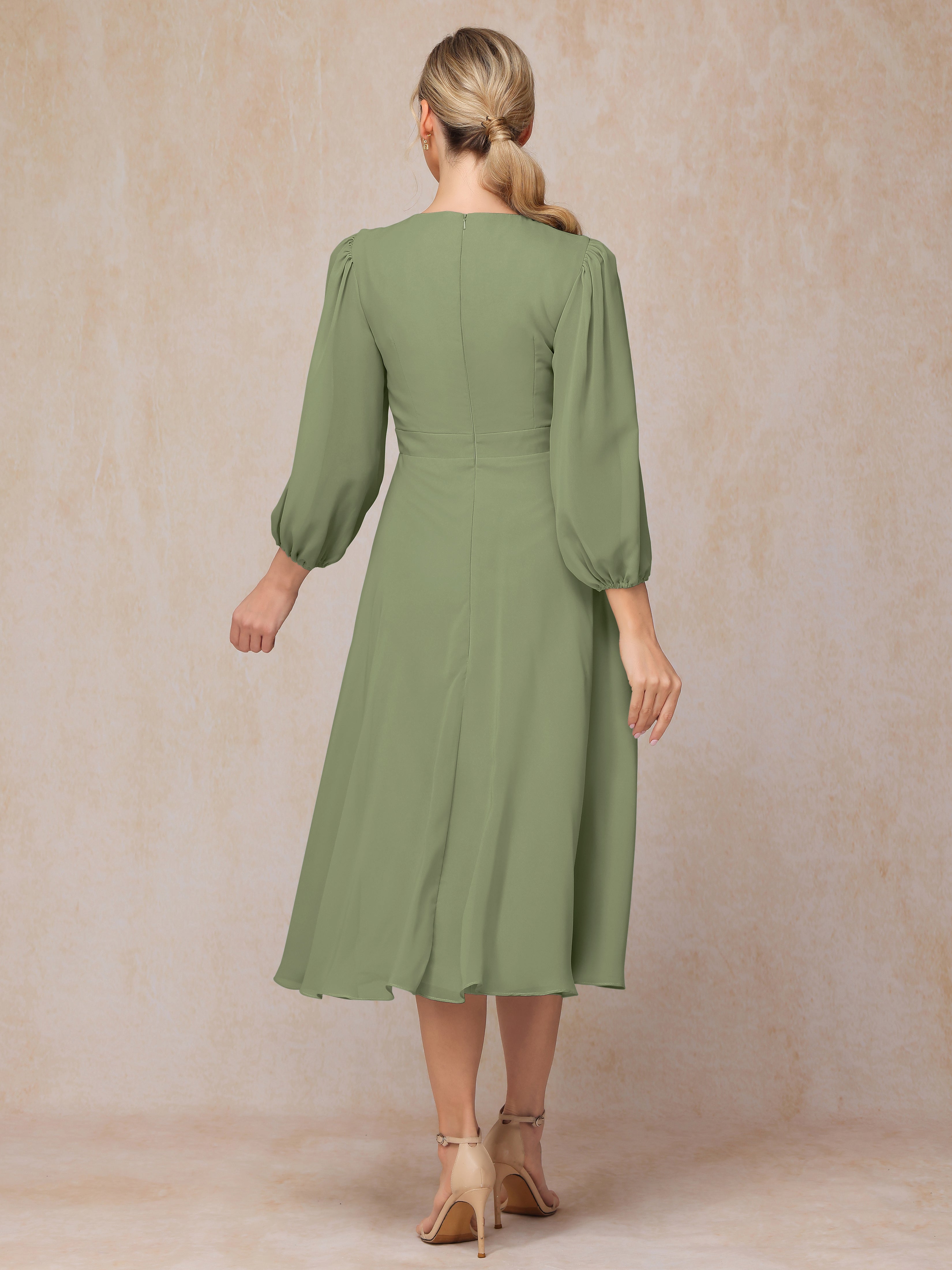 Long Sleeves A Line Tea Length Chiffon Mother Of The  Groom Dress