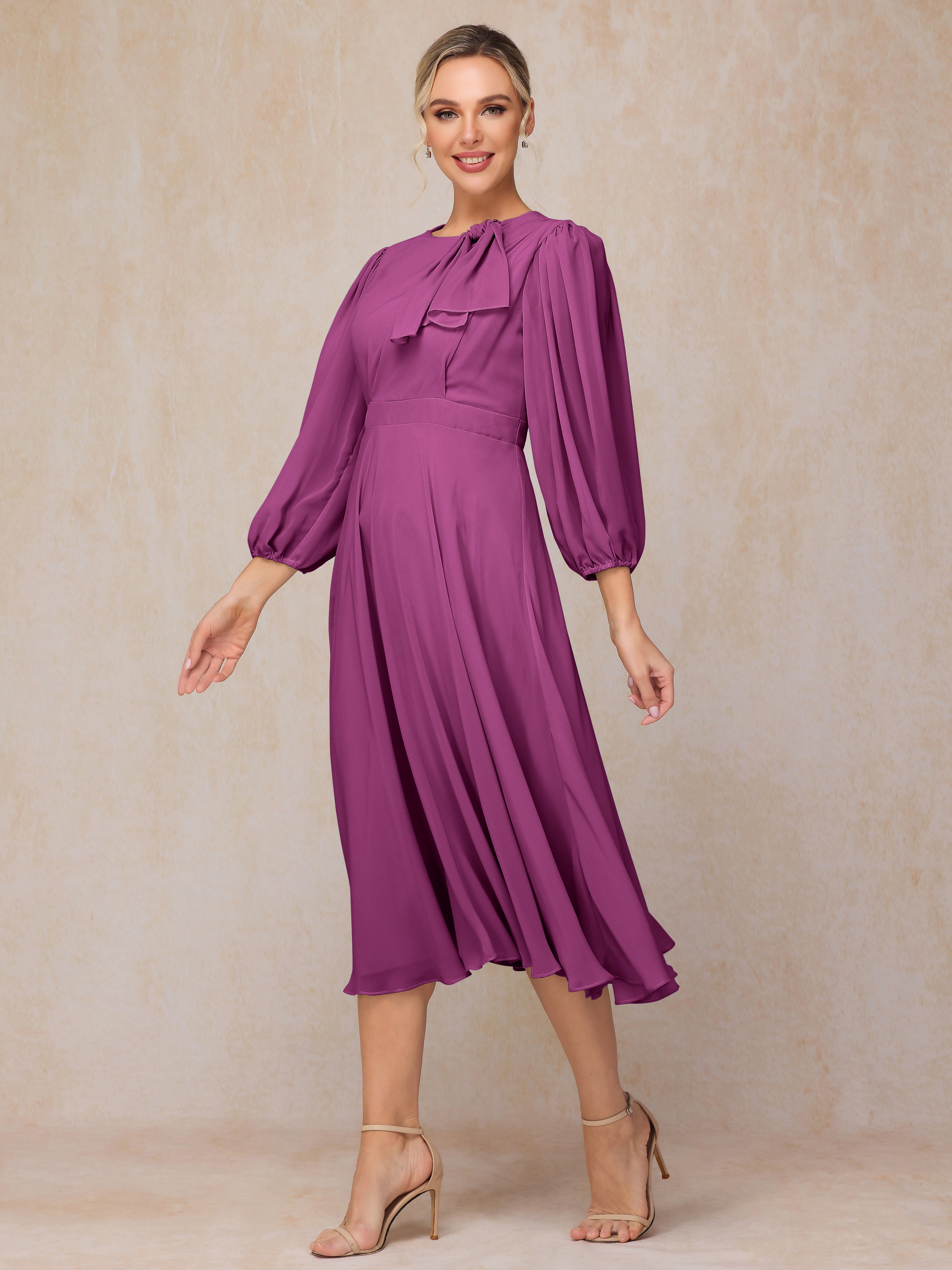 Long Sleeves A Line Tea Length Chiffon Mother Of The  Groom Dress