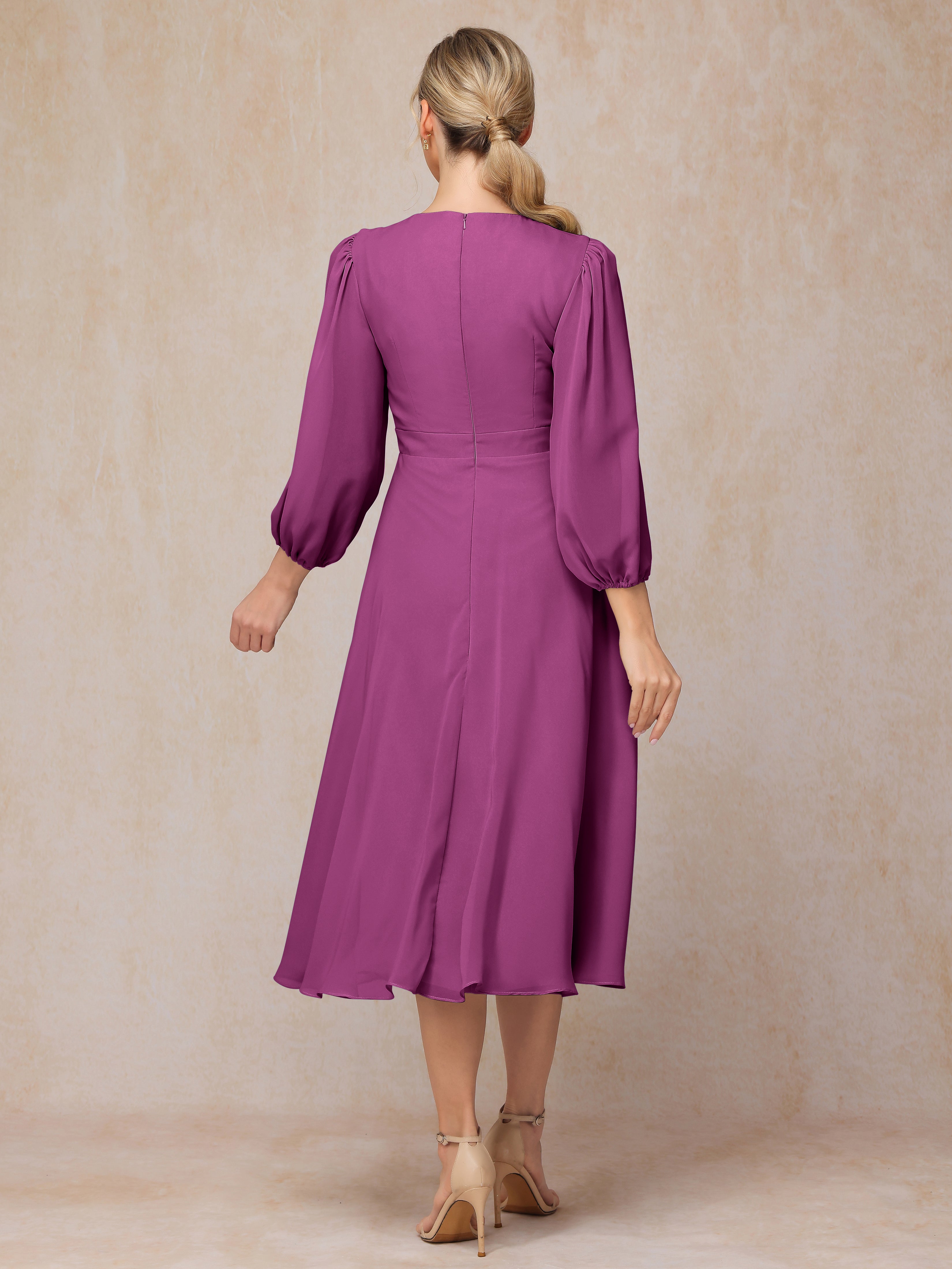 Long Sleeves A Line Tea Length Chiffon Mother Of The  Groom Dress