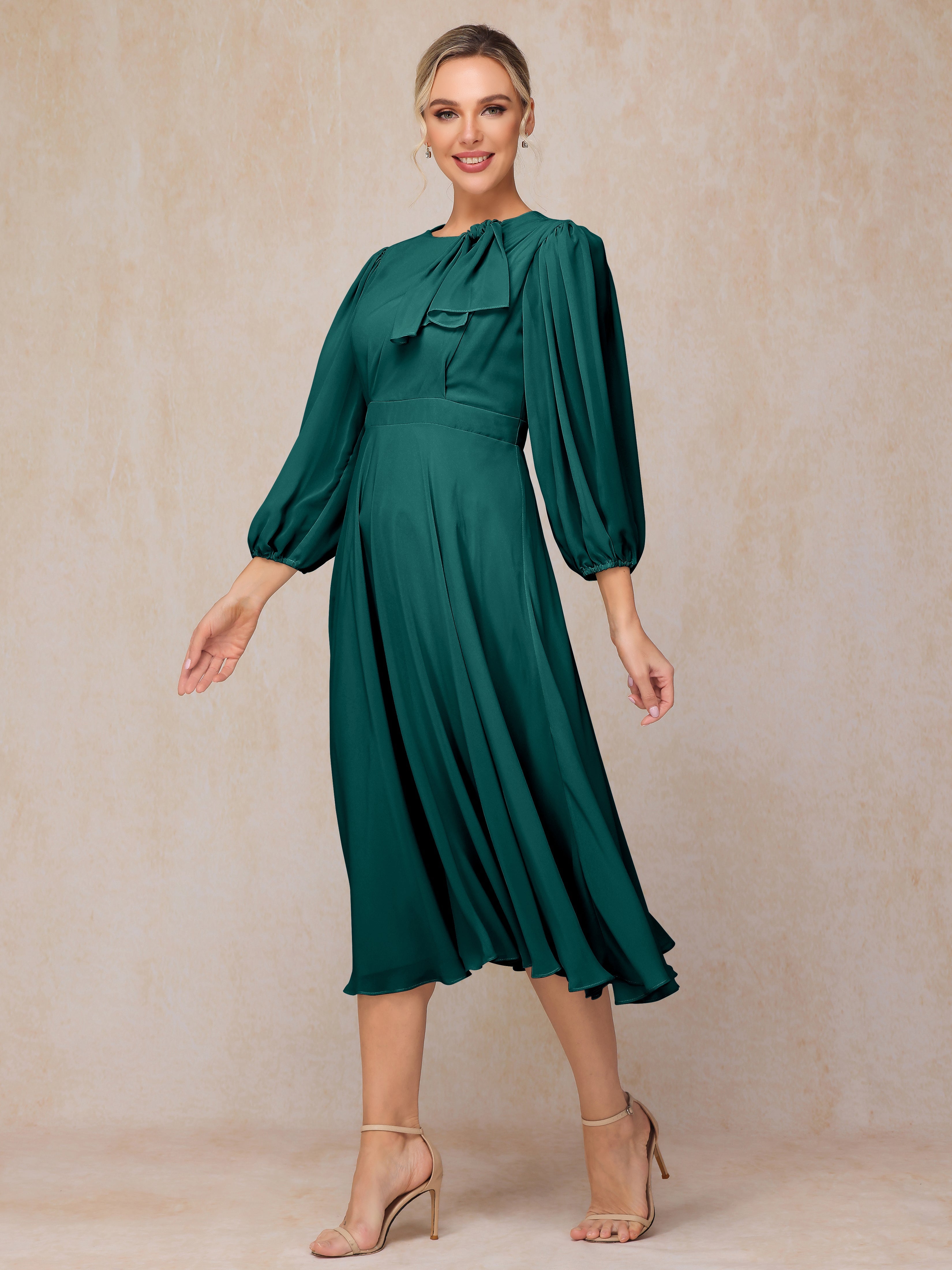 Long Sleeves A Line Tea Length Chiffon Mother Of The  Groom Dress