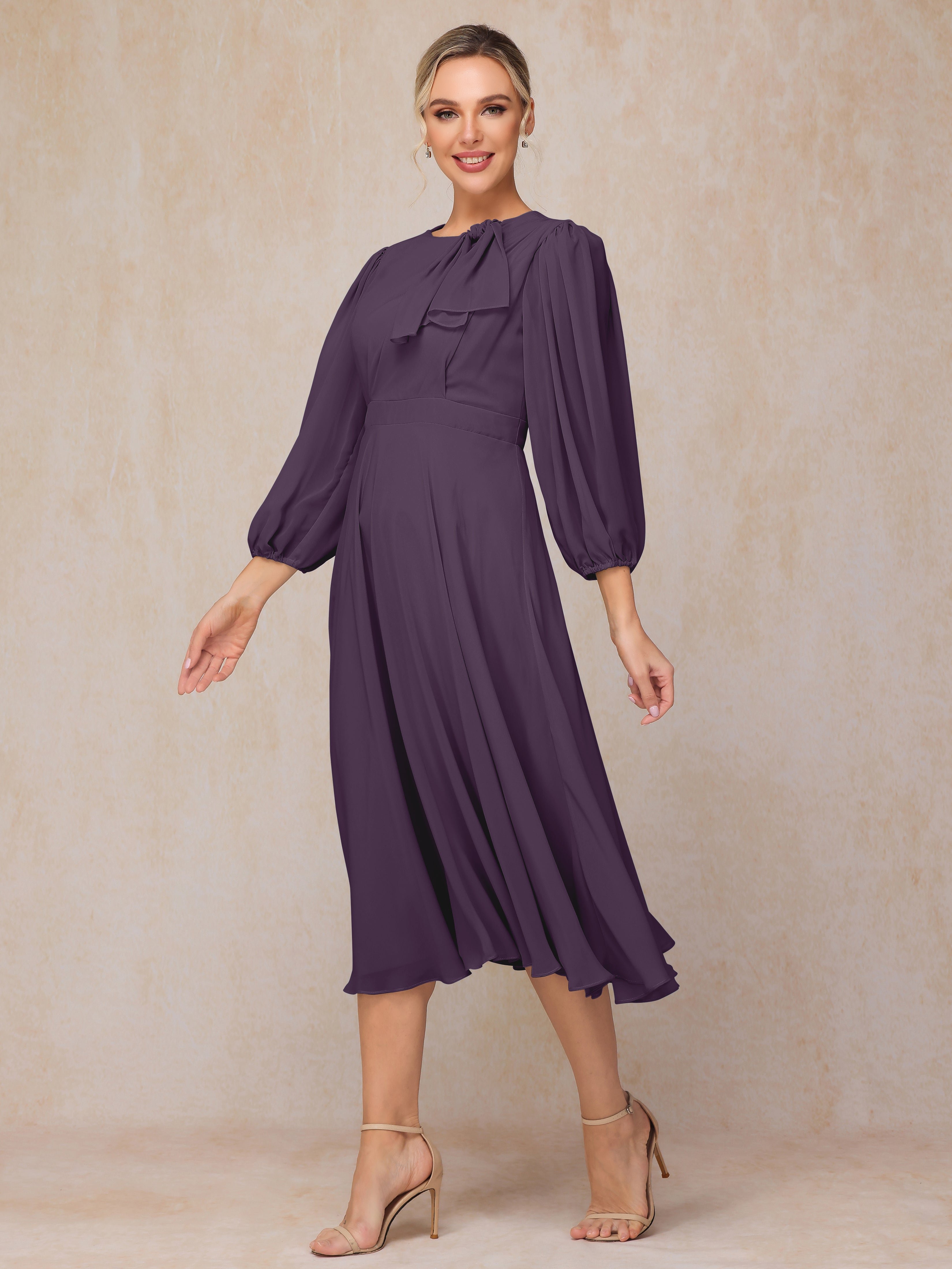 Long Sleeves A Line Tea Length Chiffon Mother Of The  Groom Dress