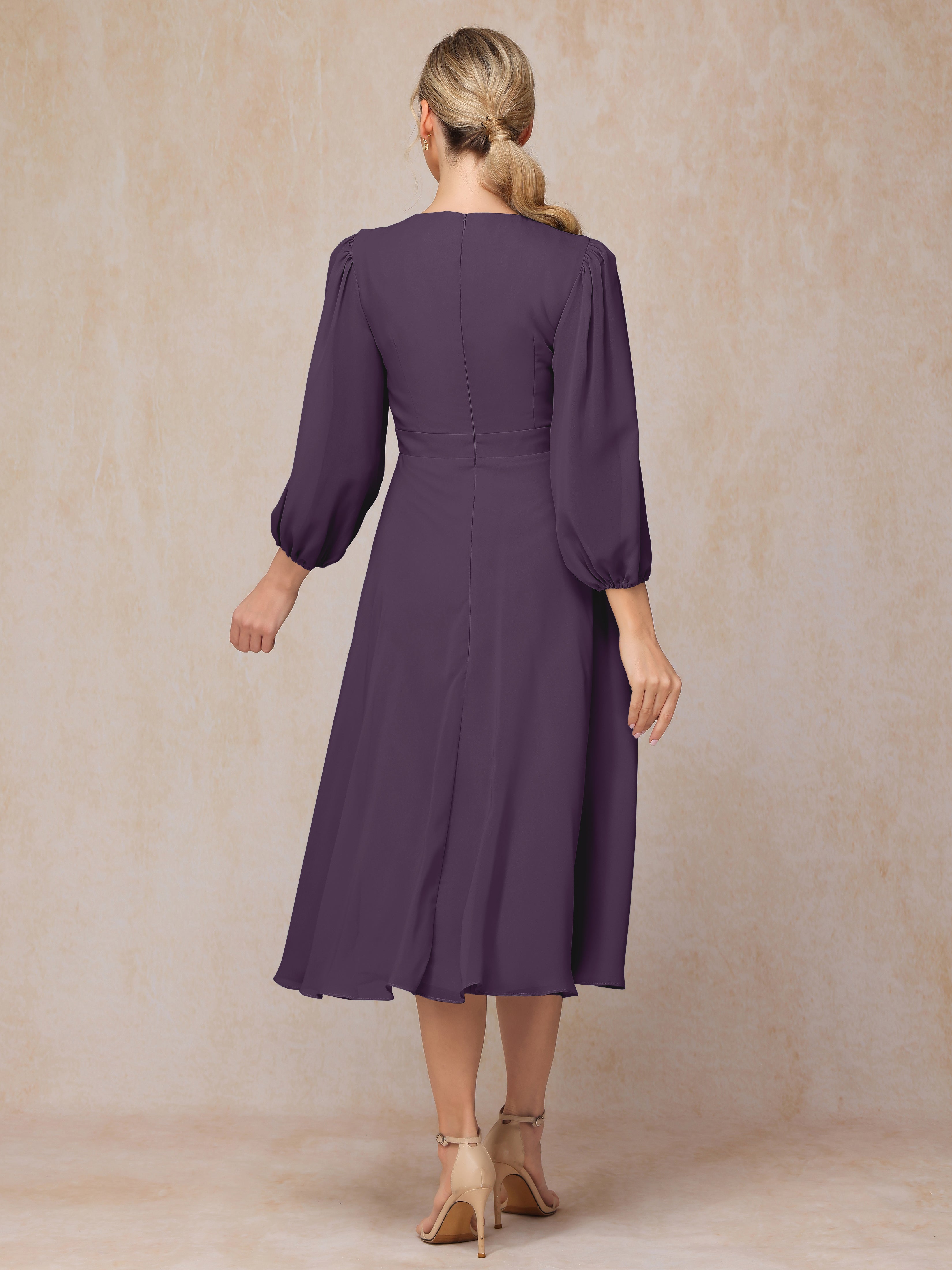 Long Sleeves A Line Tea Length Chiffon Mother Of The  Groom Dress