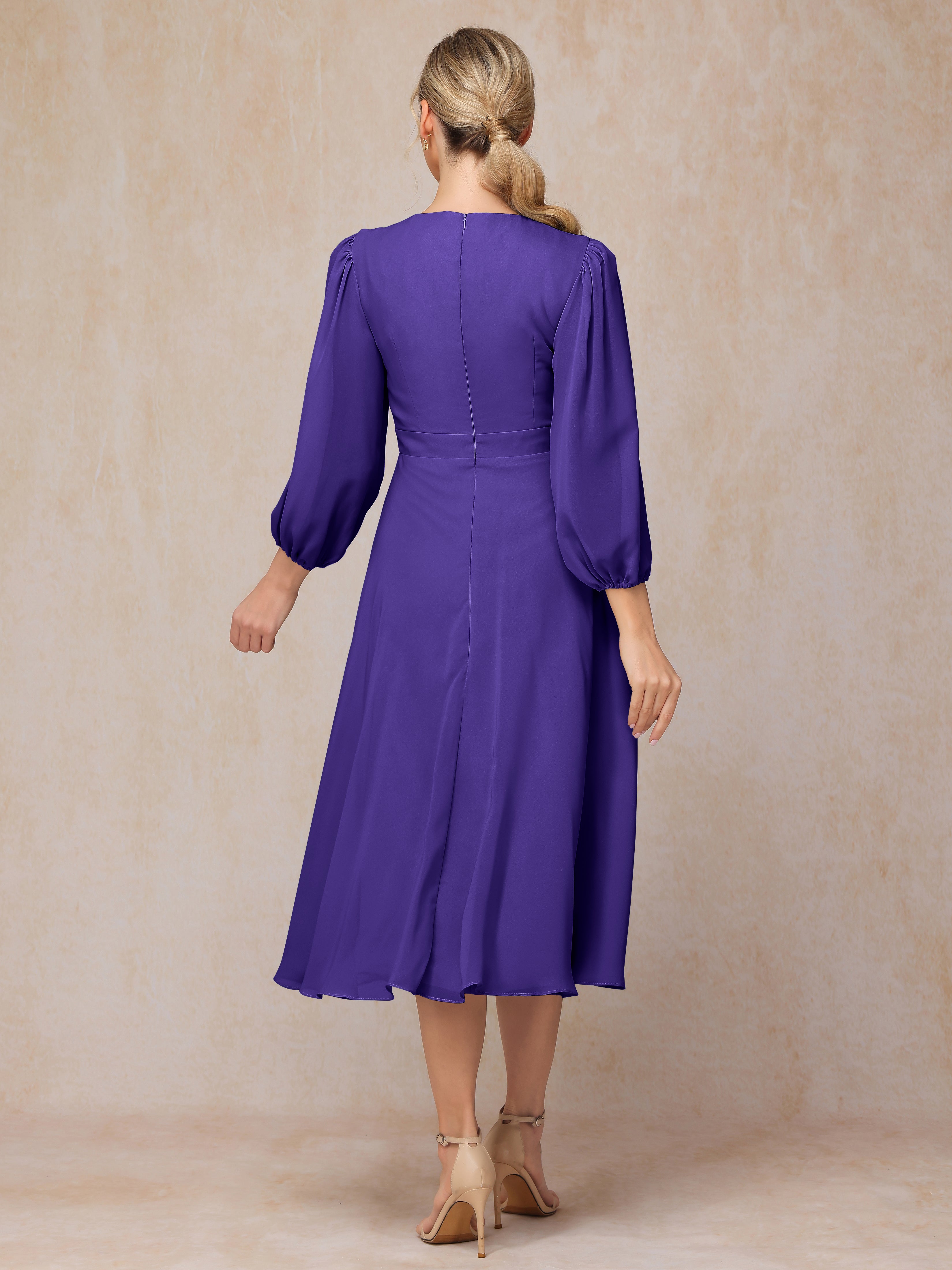 Long Sleeves A Line Tea Length Chiffon Mother Of The  Groom Dress