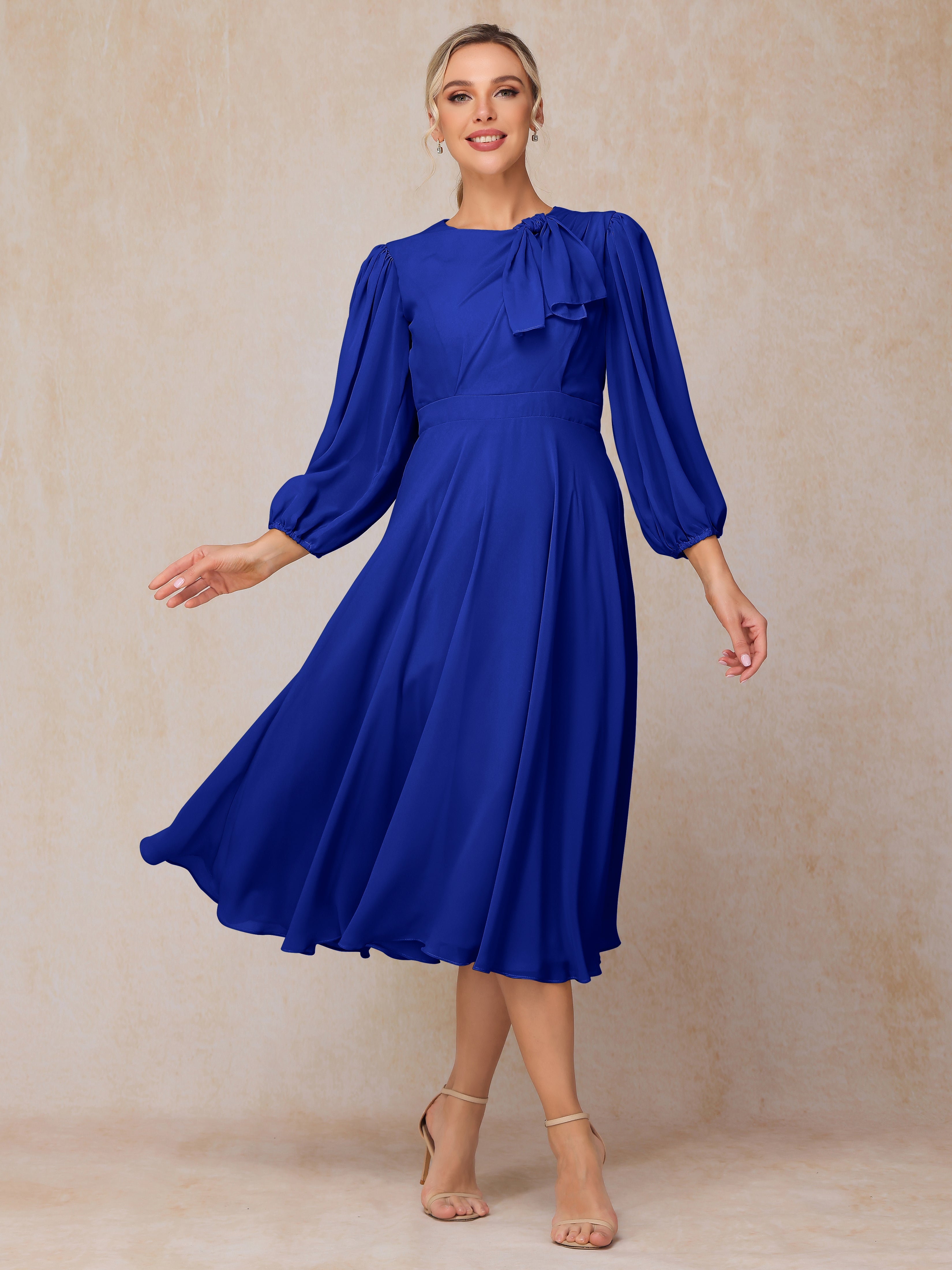 Long Sleeves A Line Tea Length Chiffon Mother Of The  Groom Dress