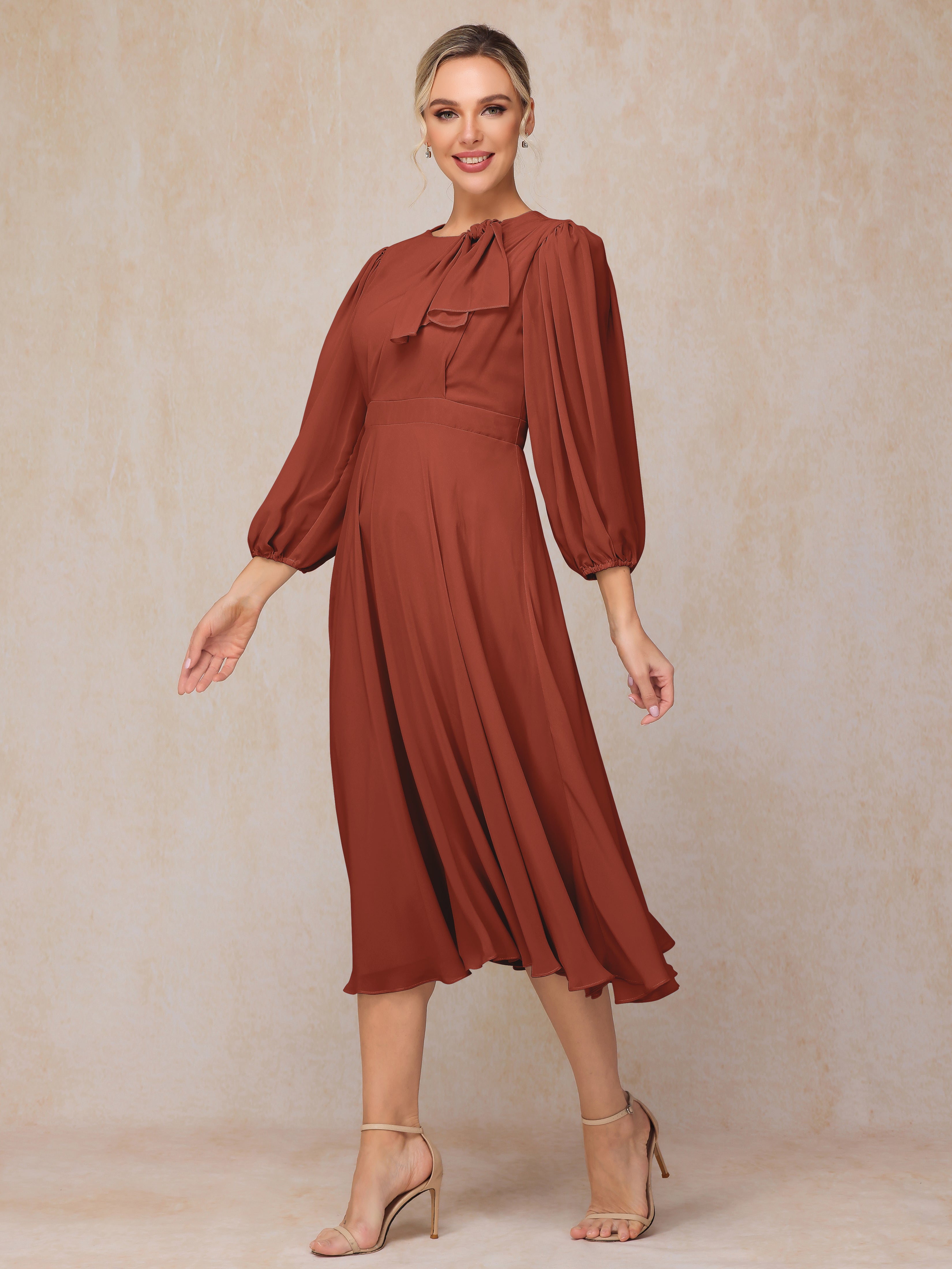 Long Sleeves A Line Tea Length Chiffon Mother Of The  Groom Dress