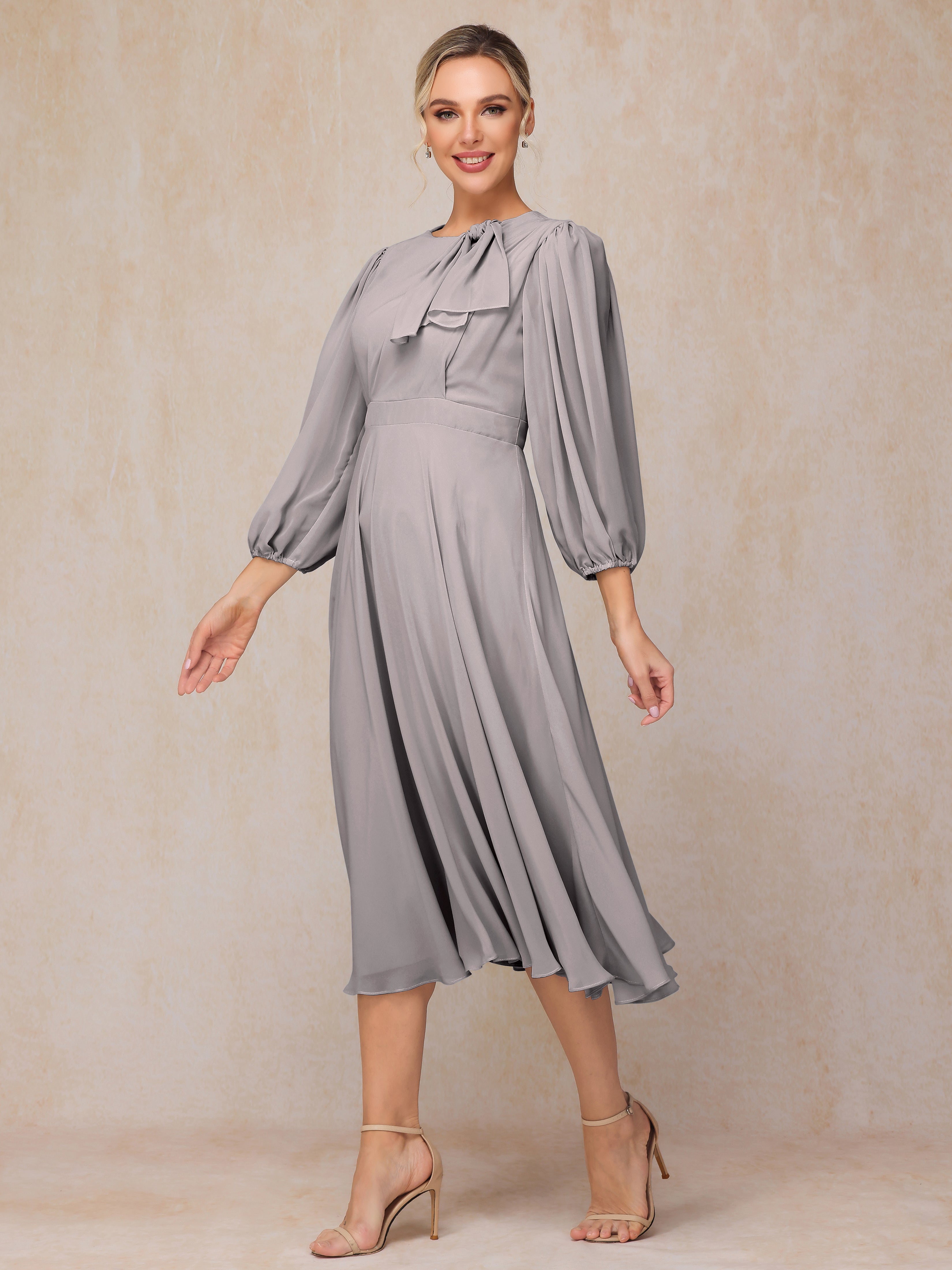 Long Sleeves A Line Tea Length Chiffon Mother Of The  Groom Dress