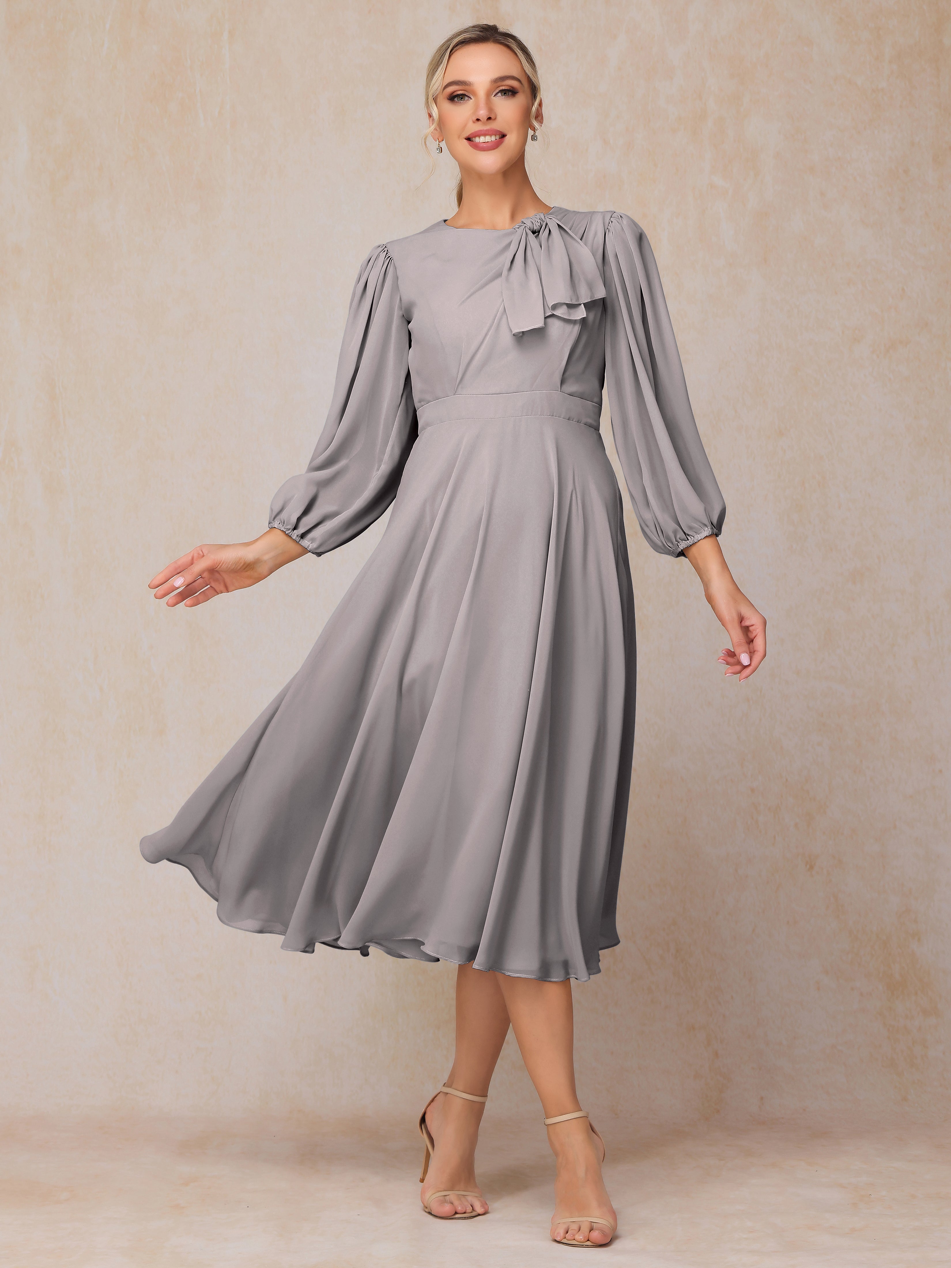 Long Sleeves A Line Tea Length Chiffon Mother Of The  Groom Dress