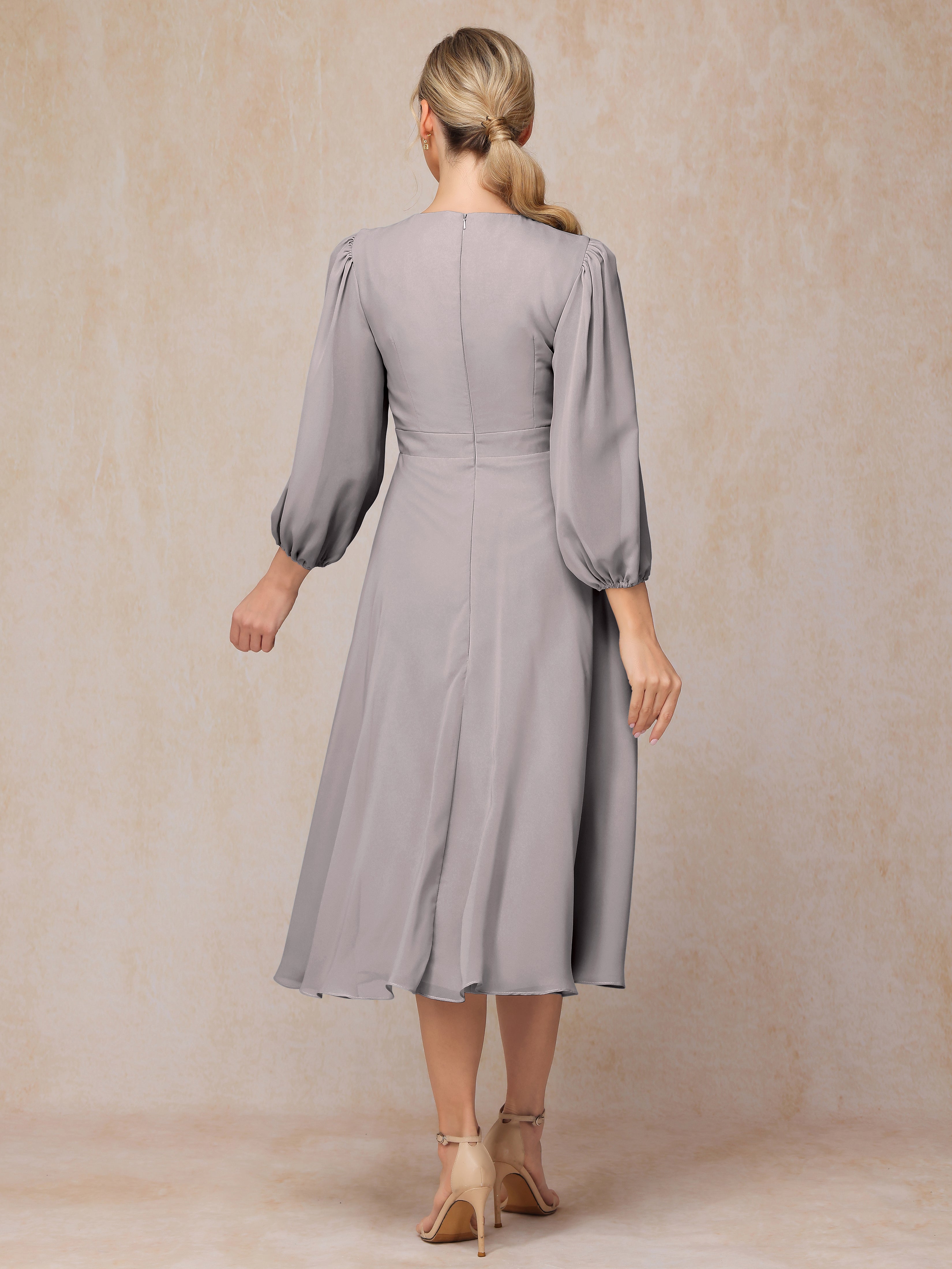 Long Sleeves A Line Tea Length Chiffon Mother Of The  Groom Dress