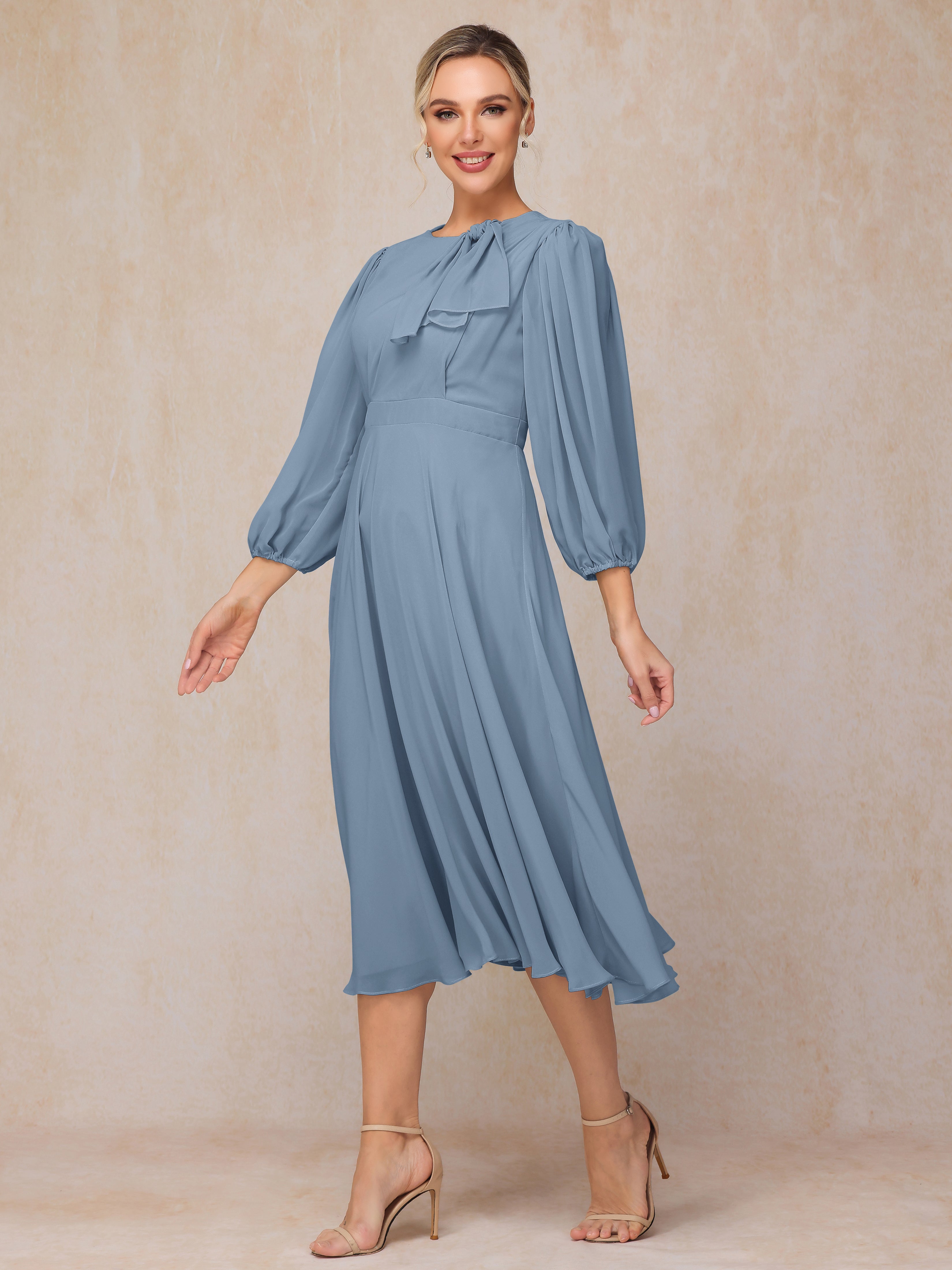 Long Sleeves A Line Tea Length Chiffon Mother Of The  Groom Dress