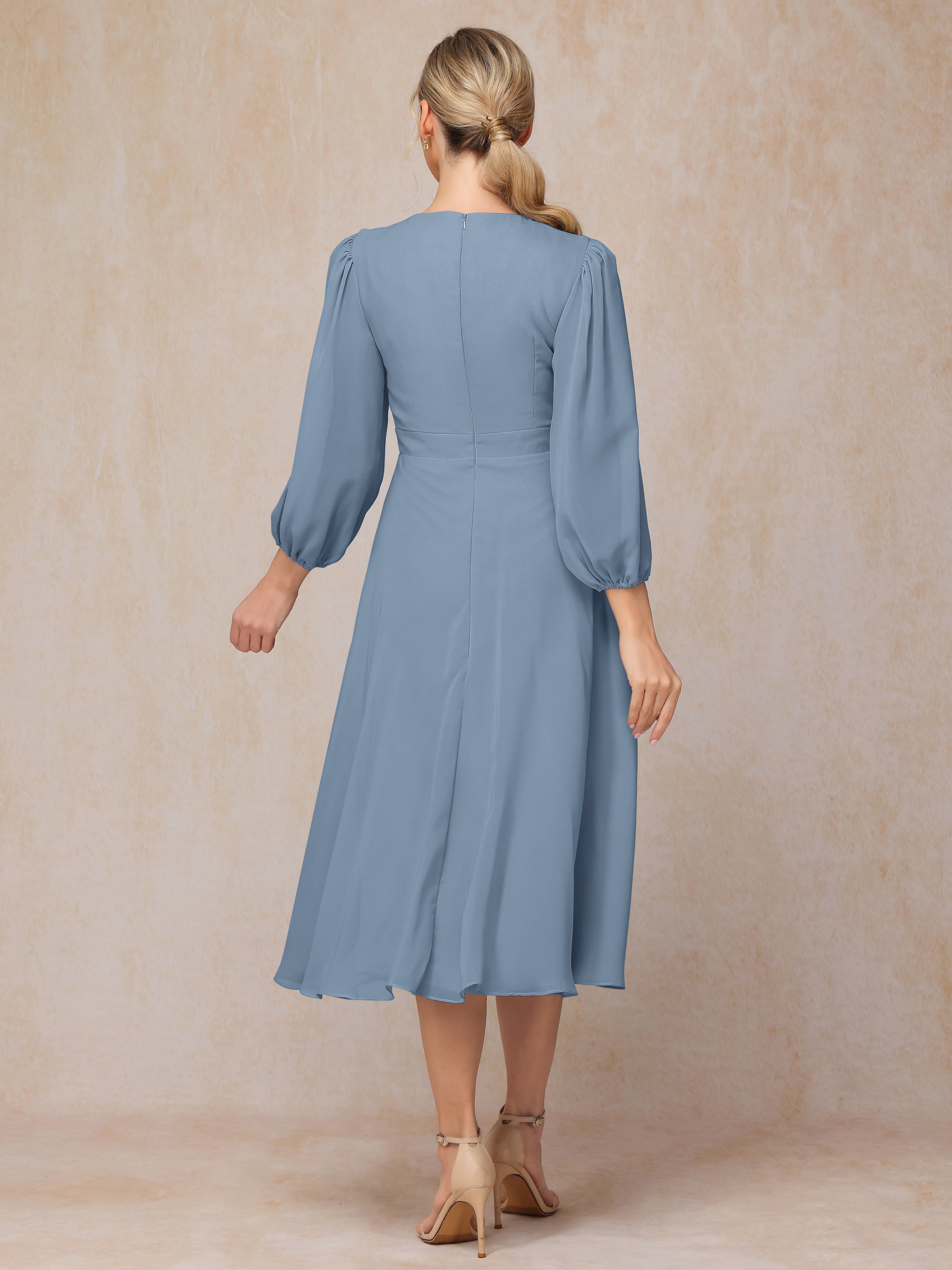 Long Sleeves A Line Tea Length Chiffon Mother Of The  Groom Dress