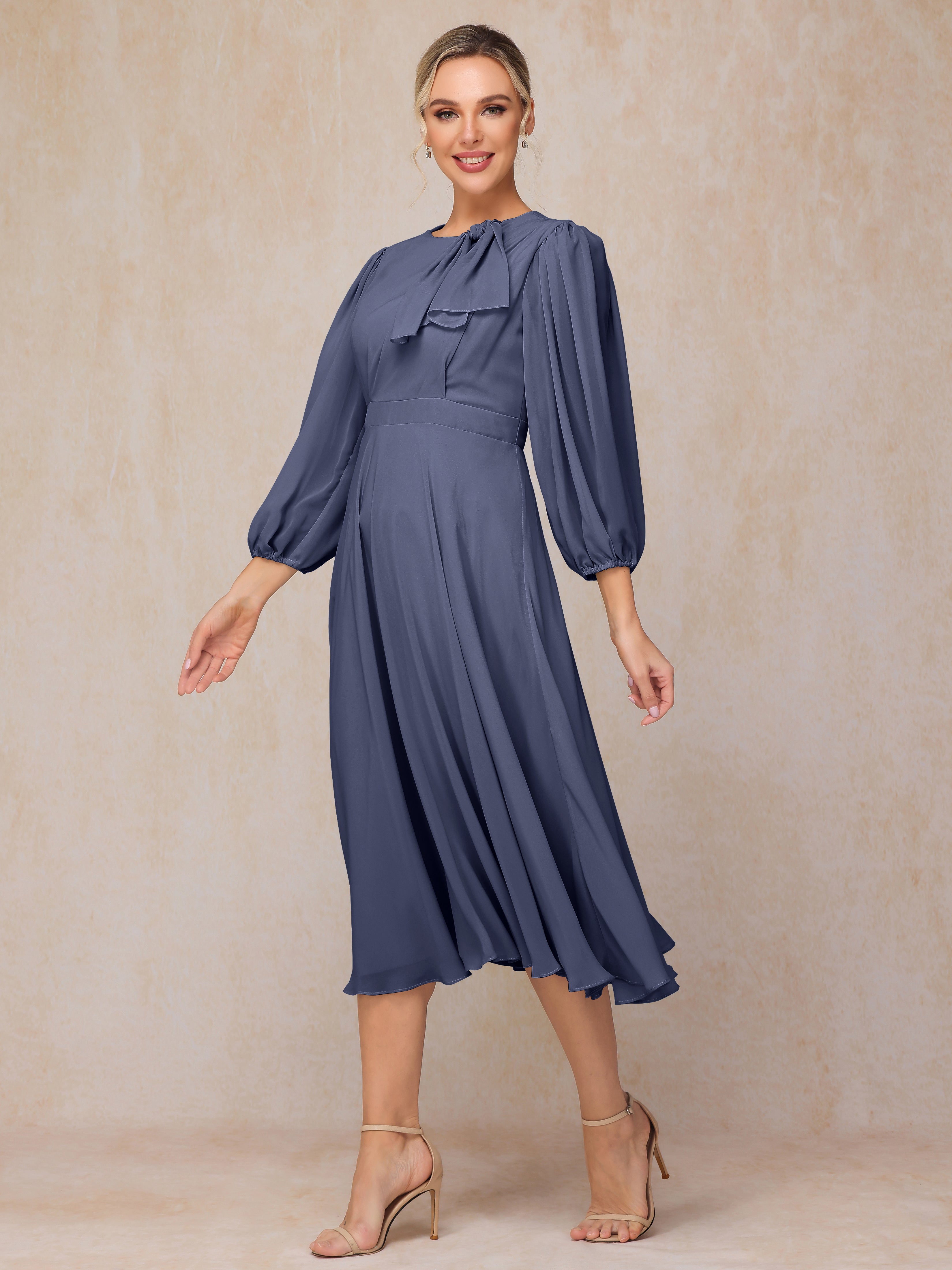 Long Sleeves A Line Tea Length Chiffon Mother Of The  Groom Dress