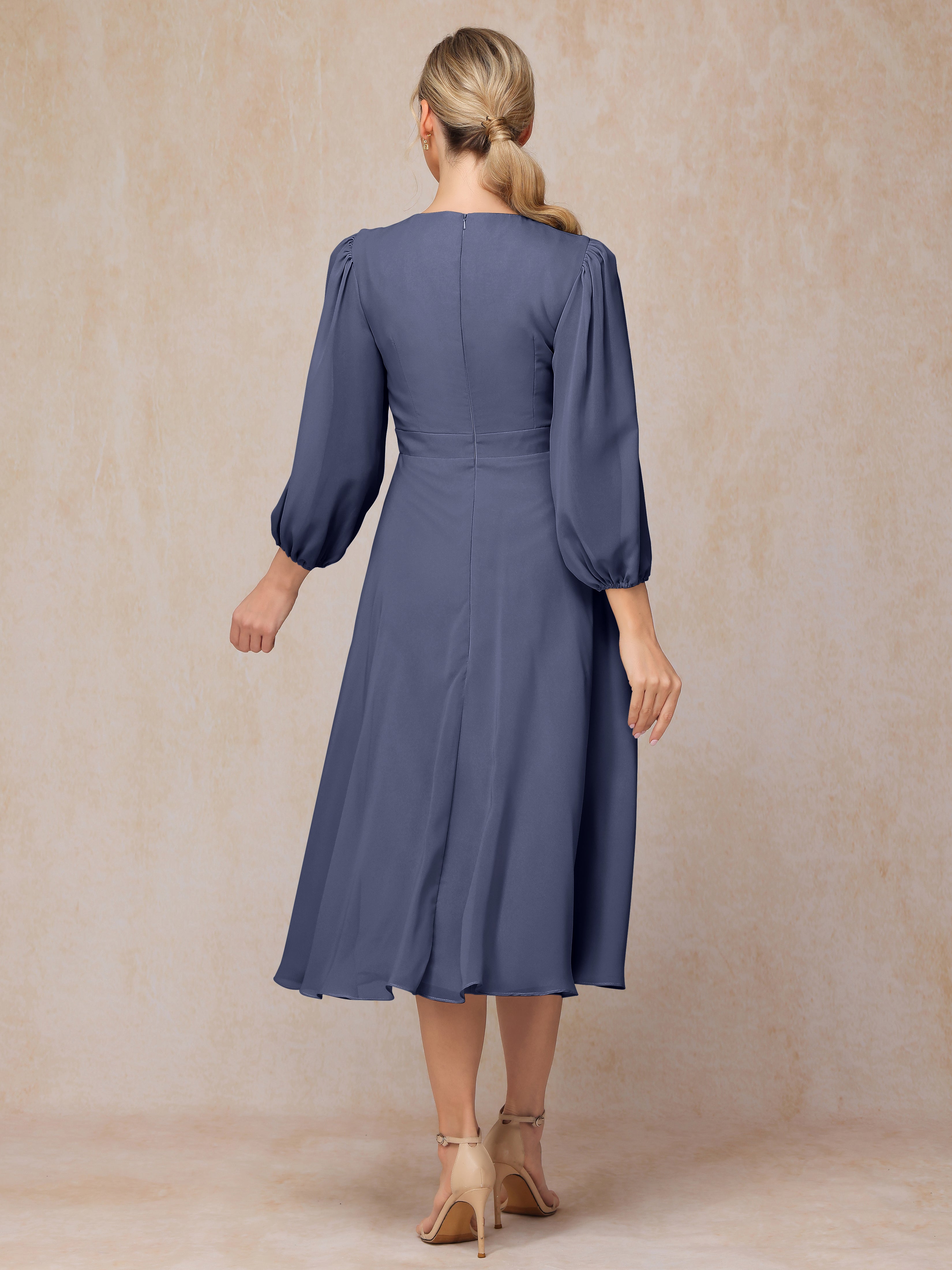 Long Sleeves A Line Tea Length Chiffon Mother Of The  Groom Dress